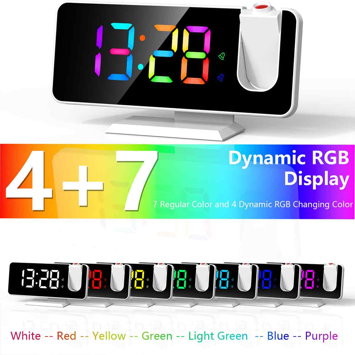Digitaler Wecker mit Regenbogenfarben-Anzeige. Auf der rechten Seite ist ein Projektor.