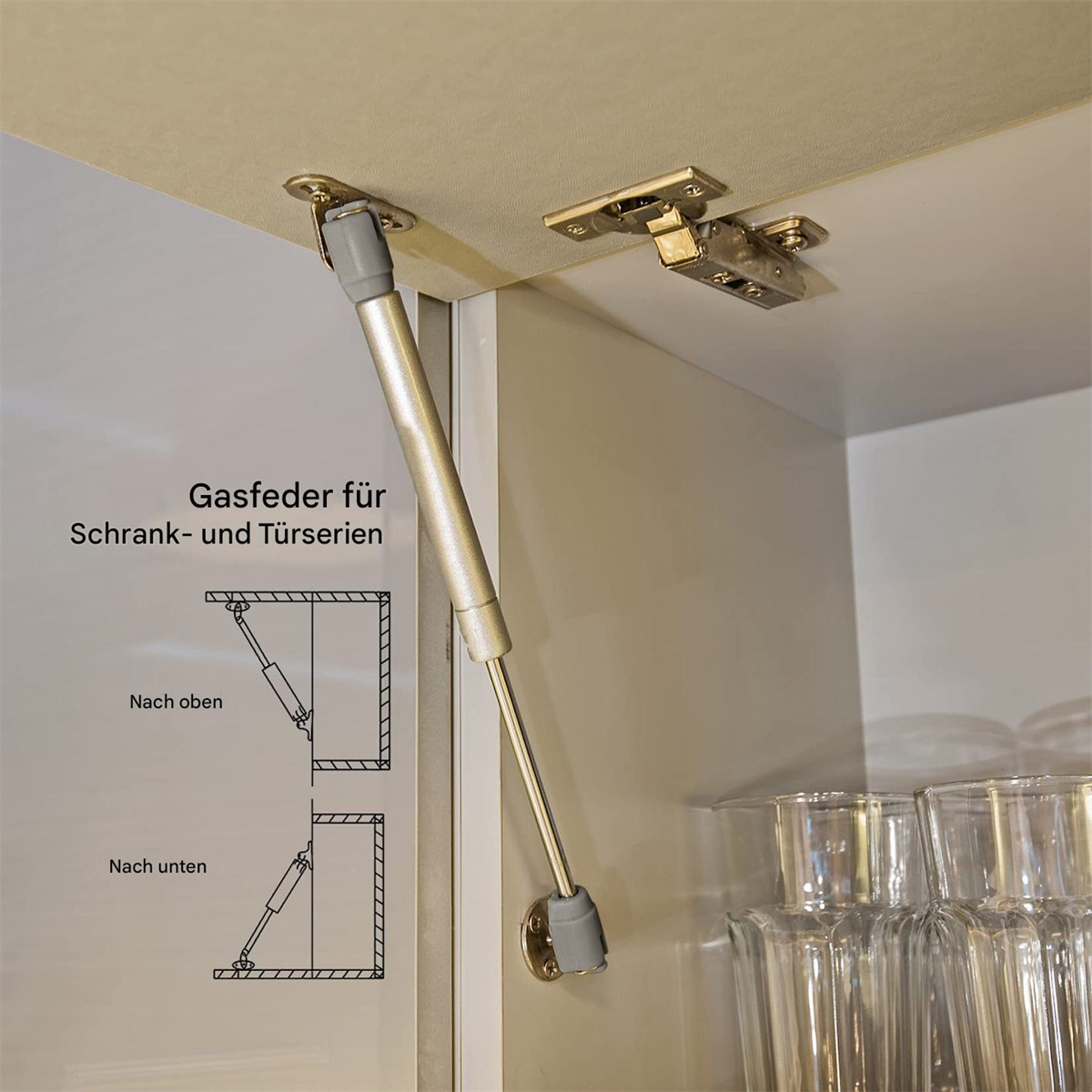 Gasfeder für Schranktür. Diagramm zeigt Einbau und Funktion.