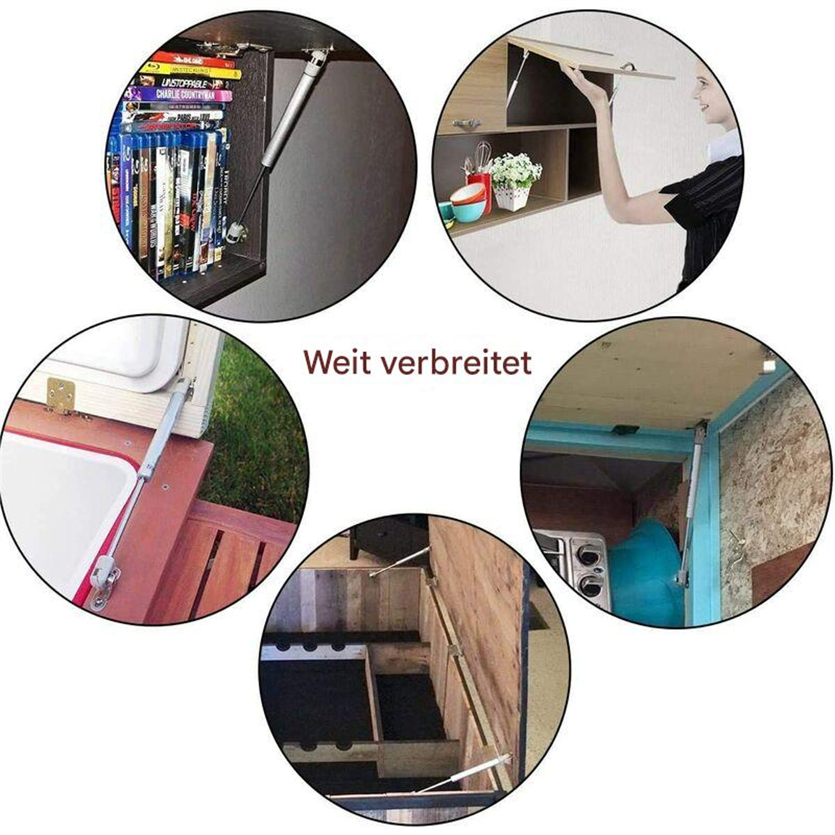 Collage, der verschiedene Anwendungen von Gasfedern in Möbeln und Schränken zeigt.
