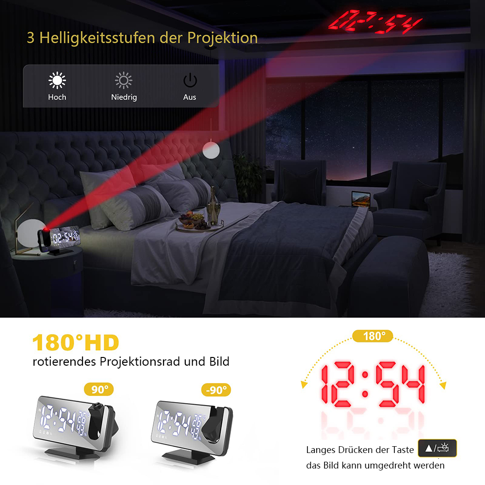 Digitaluhr mit roten Zahlen, Helligkeitsoptionen und 180° Bilddrehfunktion.