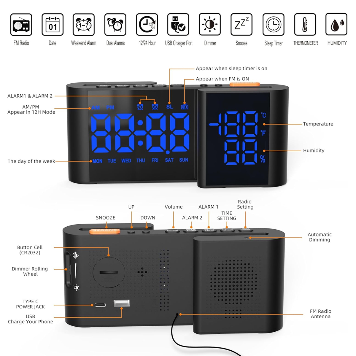 Digitaler Wecker mit Anzeige von Zeit, Temperatur und verschiedenen Einstellungen, Snooze und Radio.