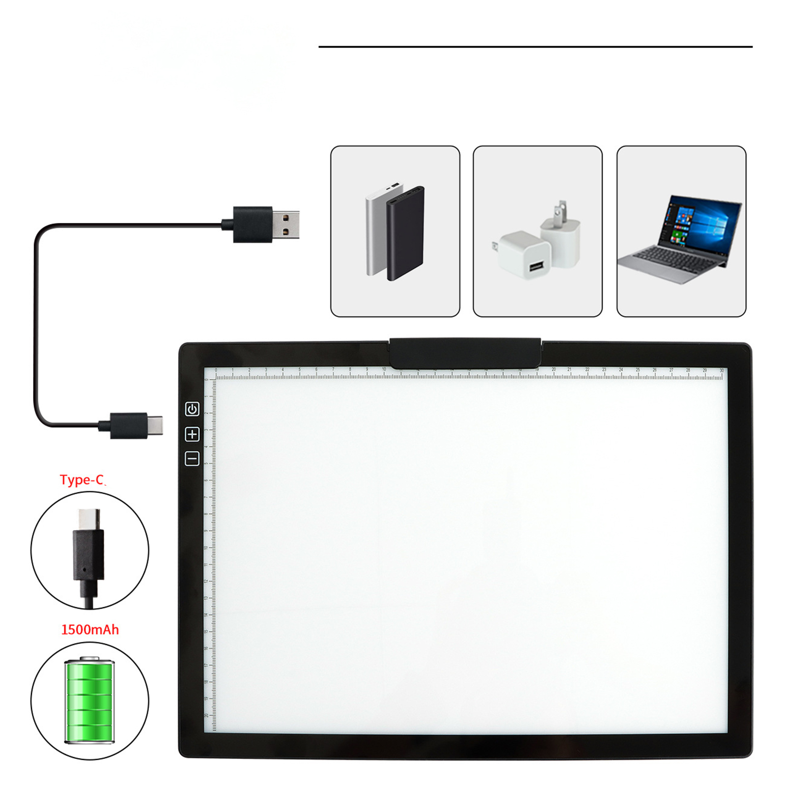 Ein schwarzes Leuchtbrett mit USB-Kabel, Netzteil und Laptop. Es hat eine Batteriestandsanzeige.