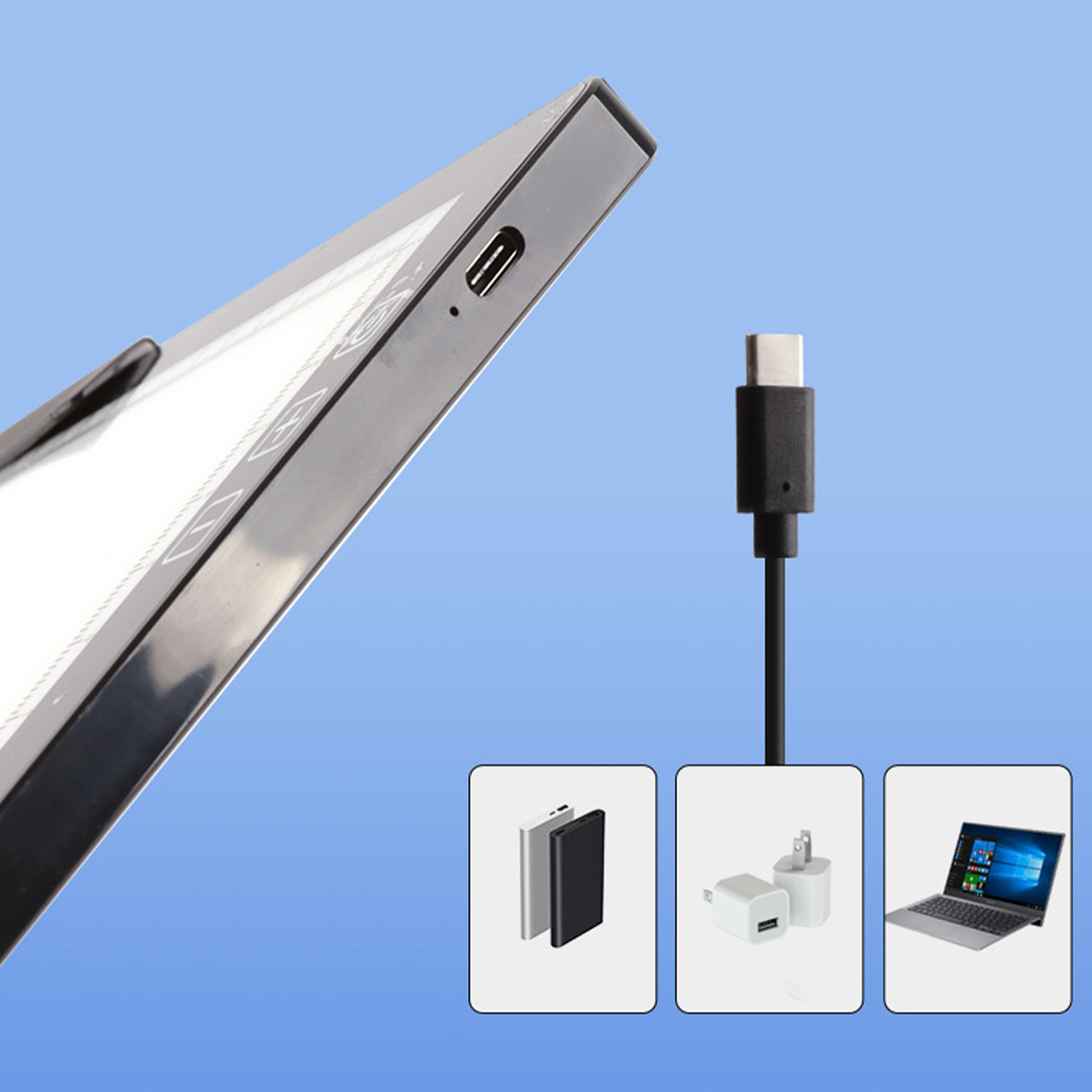 Laptop und Ladekabel neben einem Tablet mit USB-C-Anschluss. Drei kleine Bilder von Zubehör darunter.