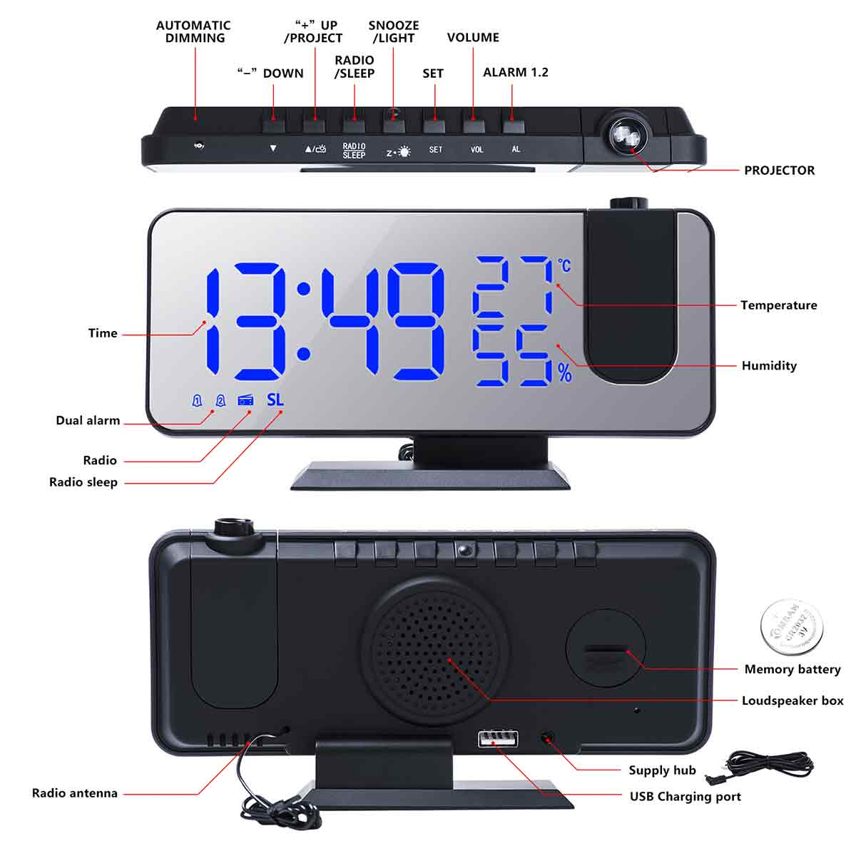Schwarzer digitaler Wecker mit großem Display, das Zeit, Temperatur und Luftfeuchtigkeit anzeigt. Hat Knöpfe und Lautsprecher.
