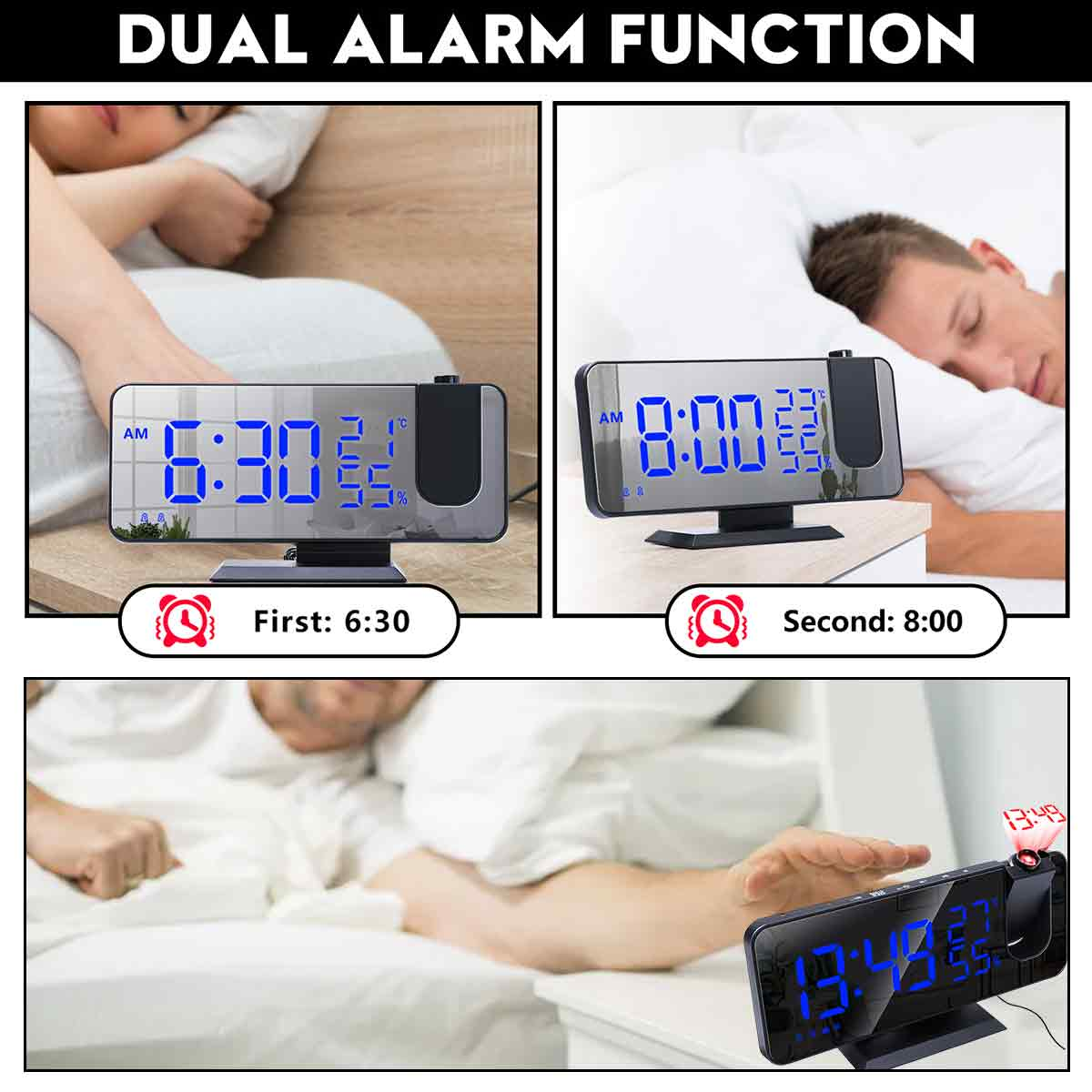 Ein digitaler Wecker, der die Zeit in zwei verschiedenen Szenarien anzeigt: 6:30 Uhr und 8:00 Uhr, mit zwei Personen im Bett.