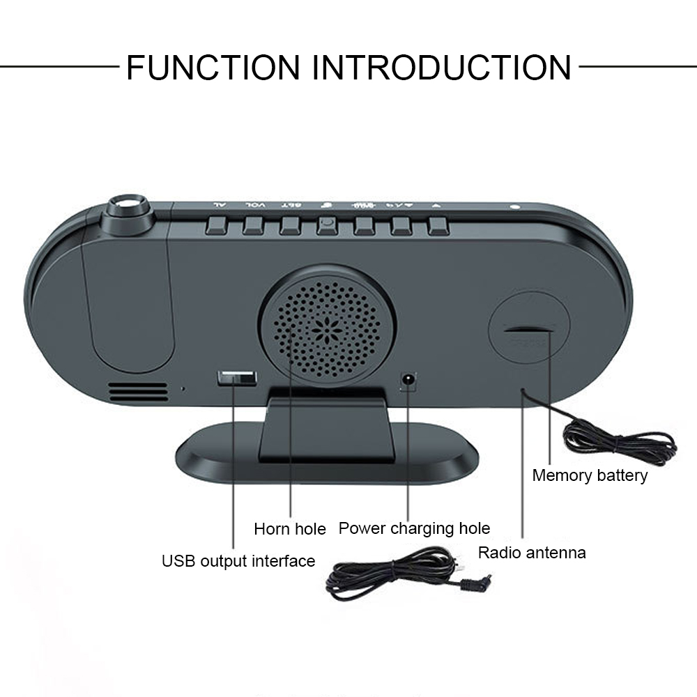 Rückseite eines schwarzen Weckers mit beschrifteten Teilen: USB, Hornloch, Ladeanschluss, Speicherbatterie, und Radioantenne.