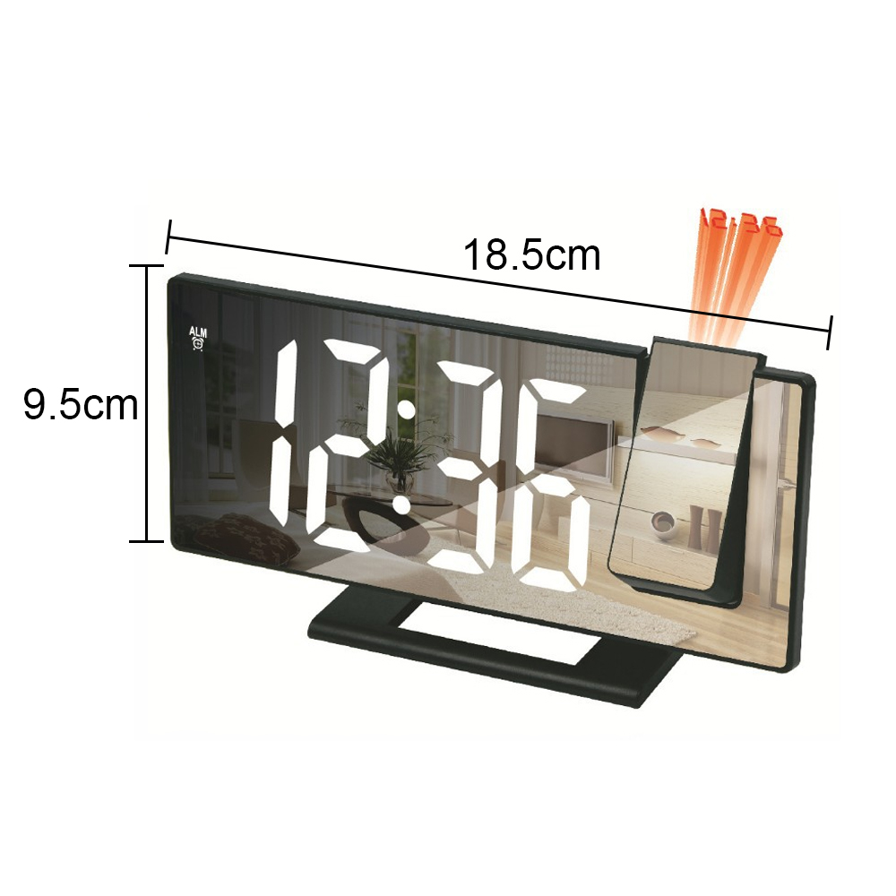 Eine schwarze Digitaluhr, die Zeit anzeigt, mit beschrifteten Abmessungen, auf weißem Hintergrund.