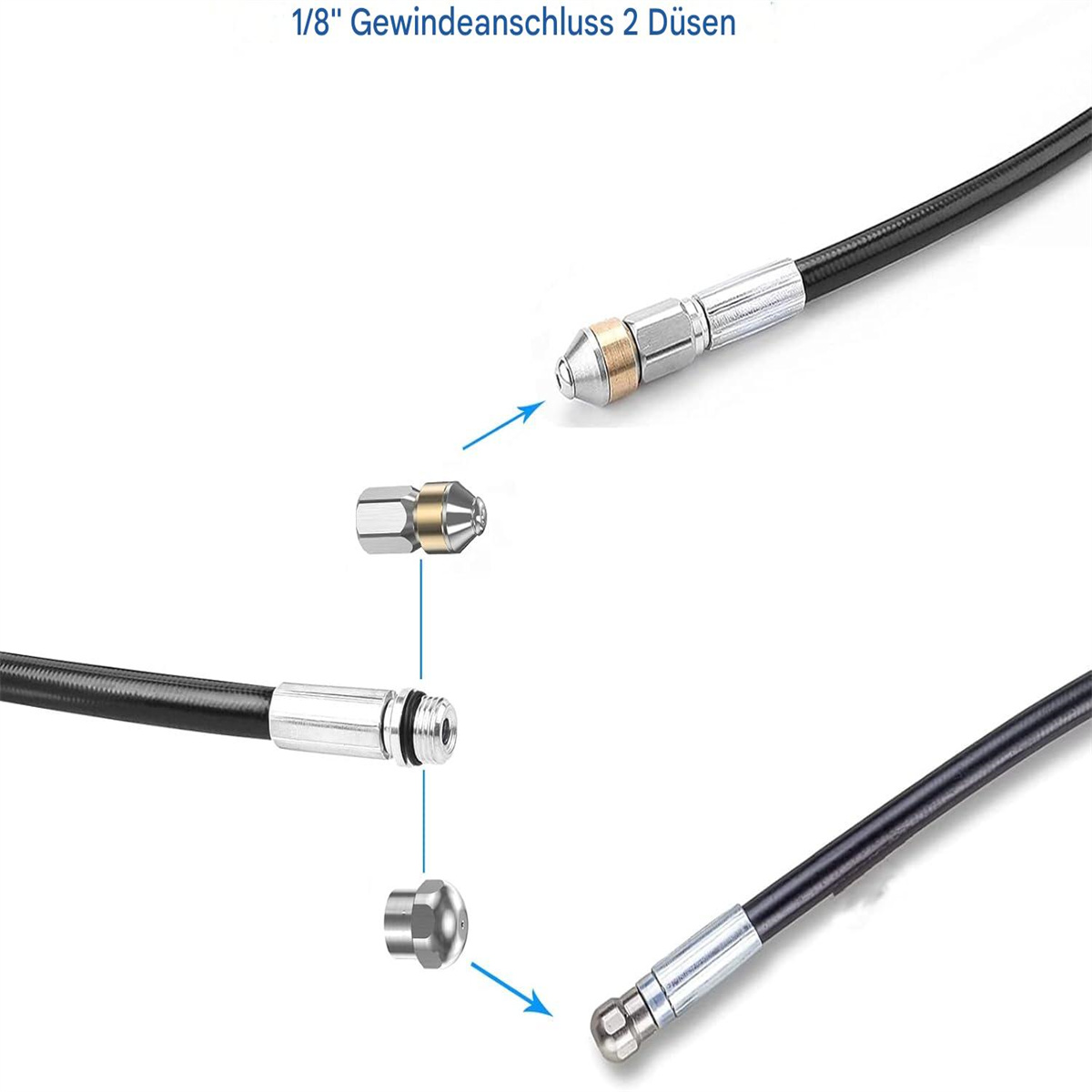 Teile eines Hochdruckreiniger-Schlauchs mit Düsen und Anschlüssen, die zerlegt dargestellt werden.