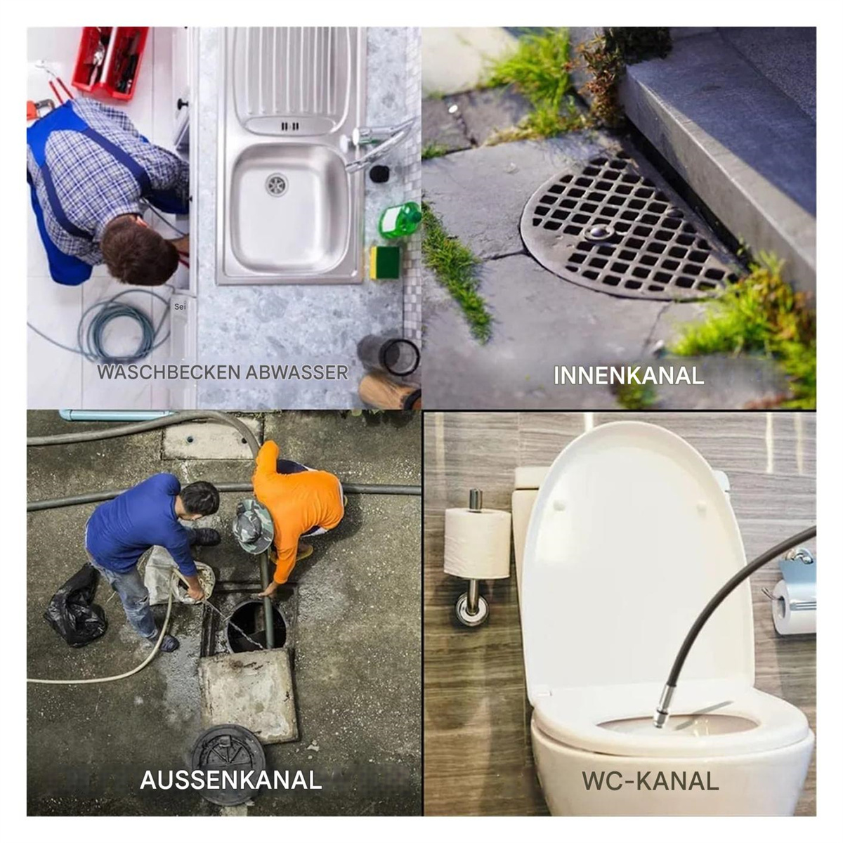 Bilder, die Klempnerarbeiten zeigen: Verstopfung des Waschbeckens, ein Abdeckrost und Arbeiter.