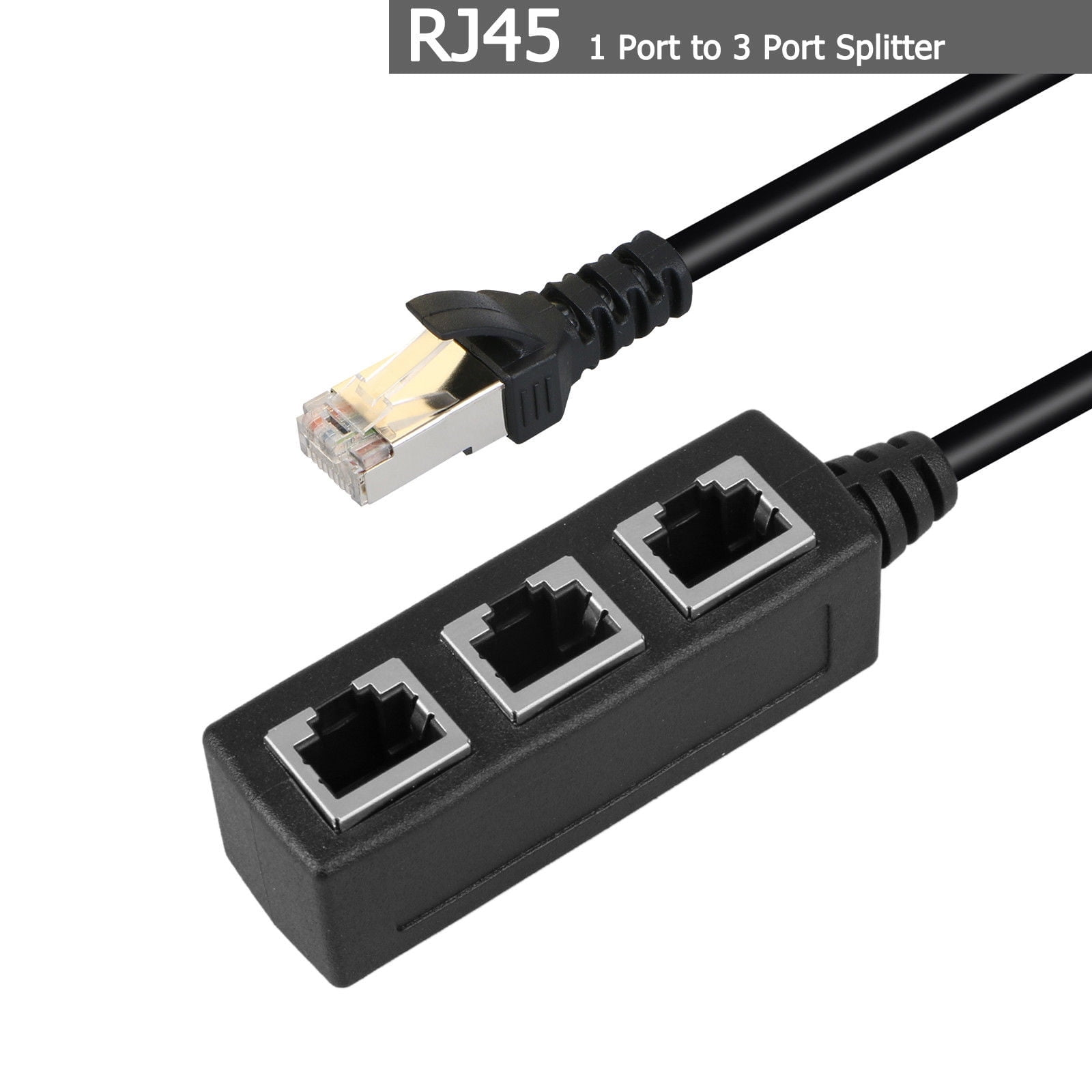 Ein RJ45-Netzwerkkabel-Splitter. Ein Kabel teilt sich in drei Anschlüsse auf. Schwarzes Kunststoffgehäuse.