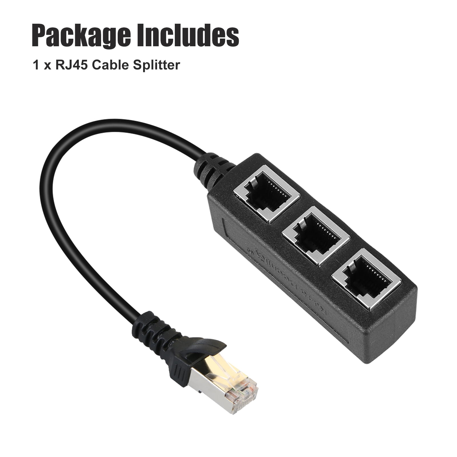 RJ45-Kabel-Splitter. Er hat drei RJ45-Anschlüsse und einen RJ45-Stecker. Schwarz-weißer Hintergrund.