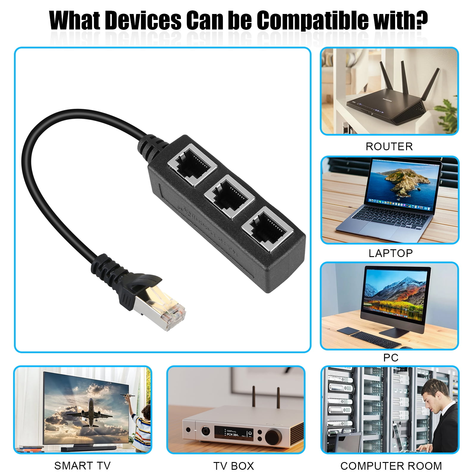 Ein Ethernet-Adapter mit drei Anschlüssen wird angezeigt. Verschiedene Geräte, darunter ein Router, Laptop und Fernseher, werden gezeigt.
