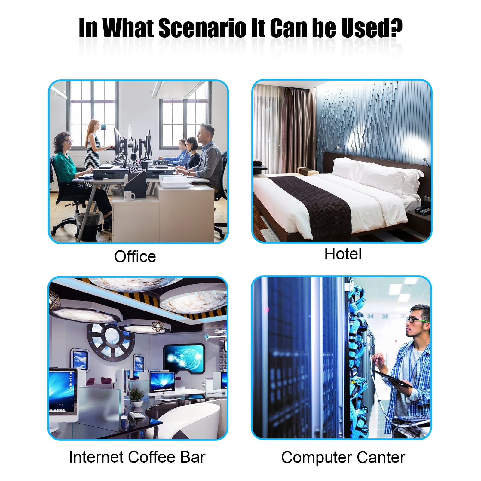 Das Bild zeigt vier Szenarien: Büro, Hotel, Internetcafé und Computerzentrum. Jedes Szenario enthält ein Bild.