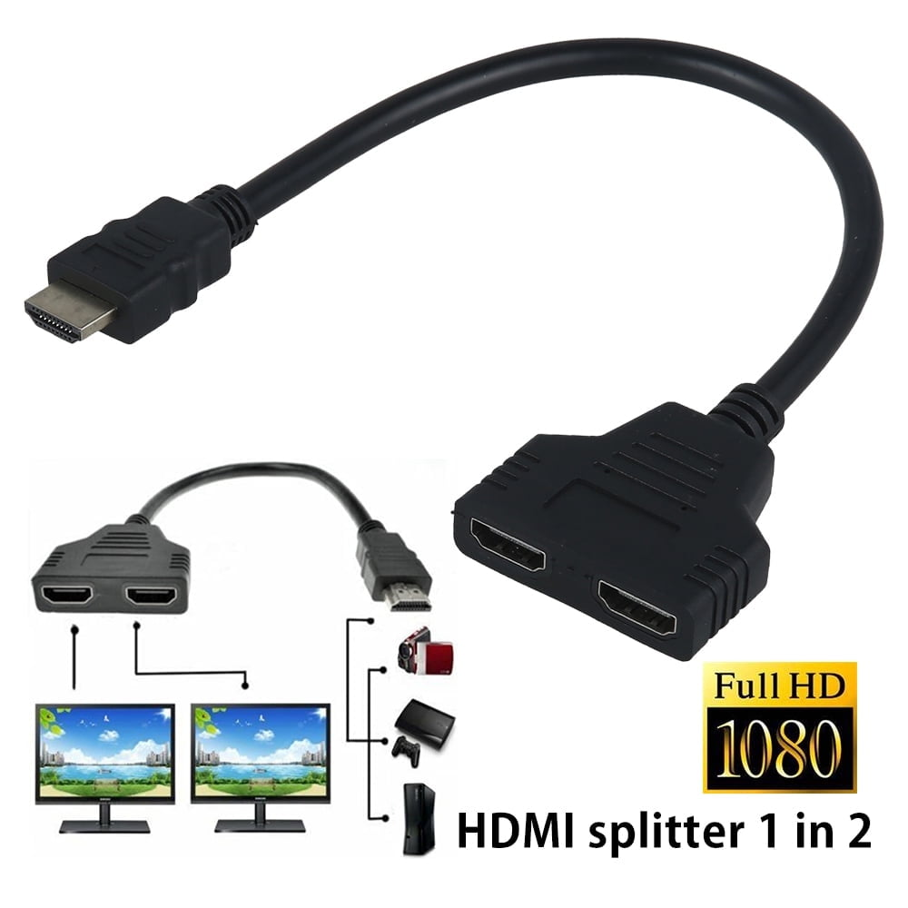 Ein schwarzer HDMI-Splitter mit zwei Ausgängen und einem Eingang, mit einer Illustration seiner Verwendung.