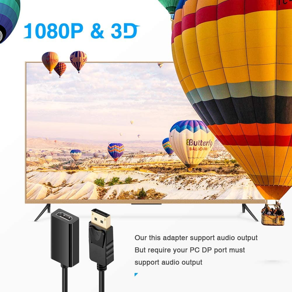 TV zeigt Heißluftballons und Landschaft. Adapter und Kabel sind darunter.