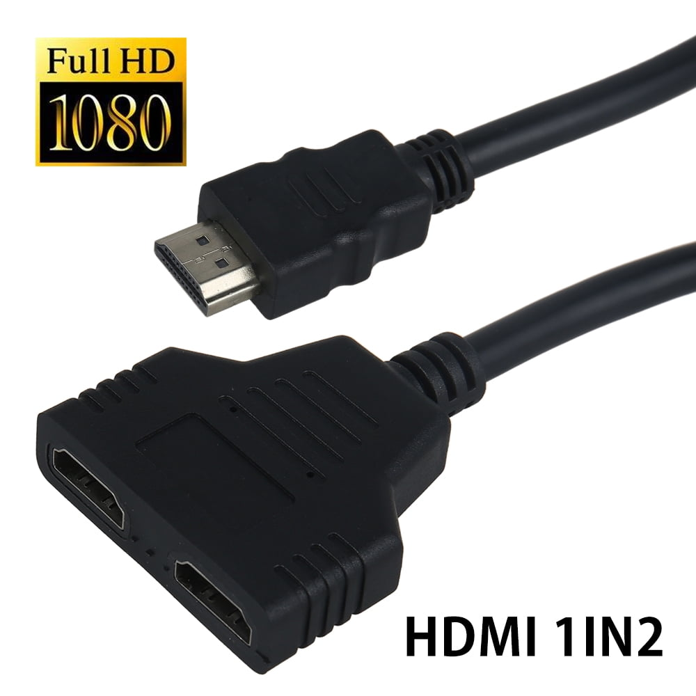 Ein schwarzer HDMI-Kabel-Splitter mit zwei Ausgangsanschlüssen und einem Eingangsanschluss.