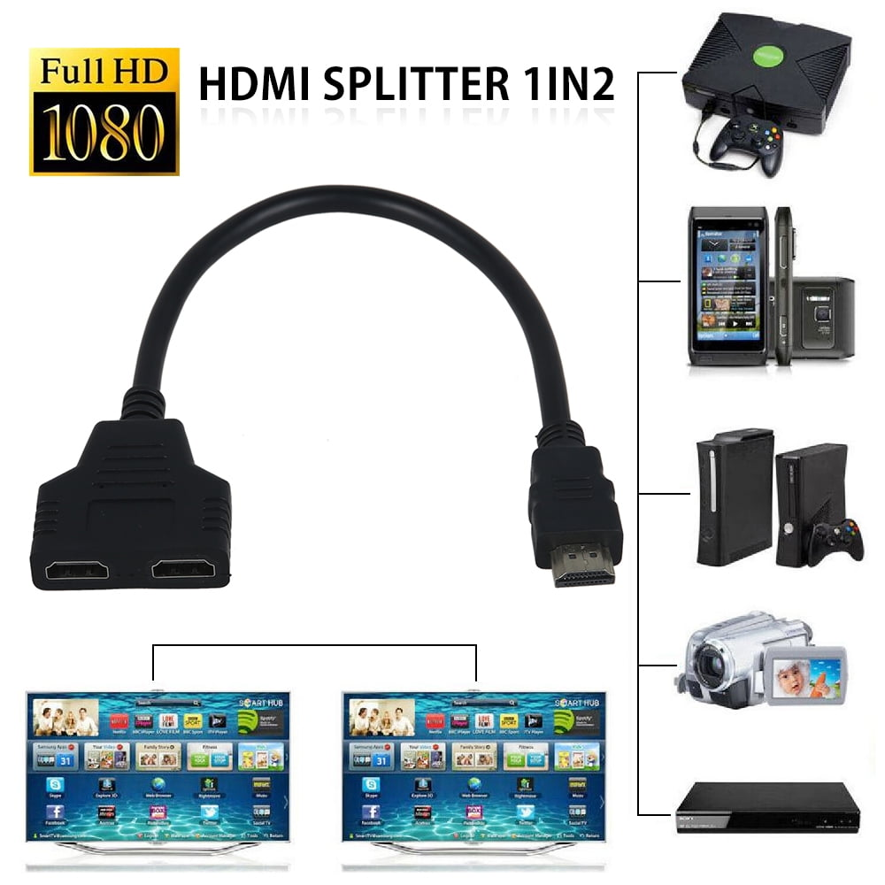 HDMI-Splitter, der mehrere Geräte verbindet, mit Konsole und Fernsehern im Hintergrund.