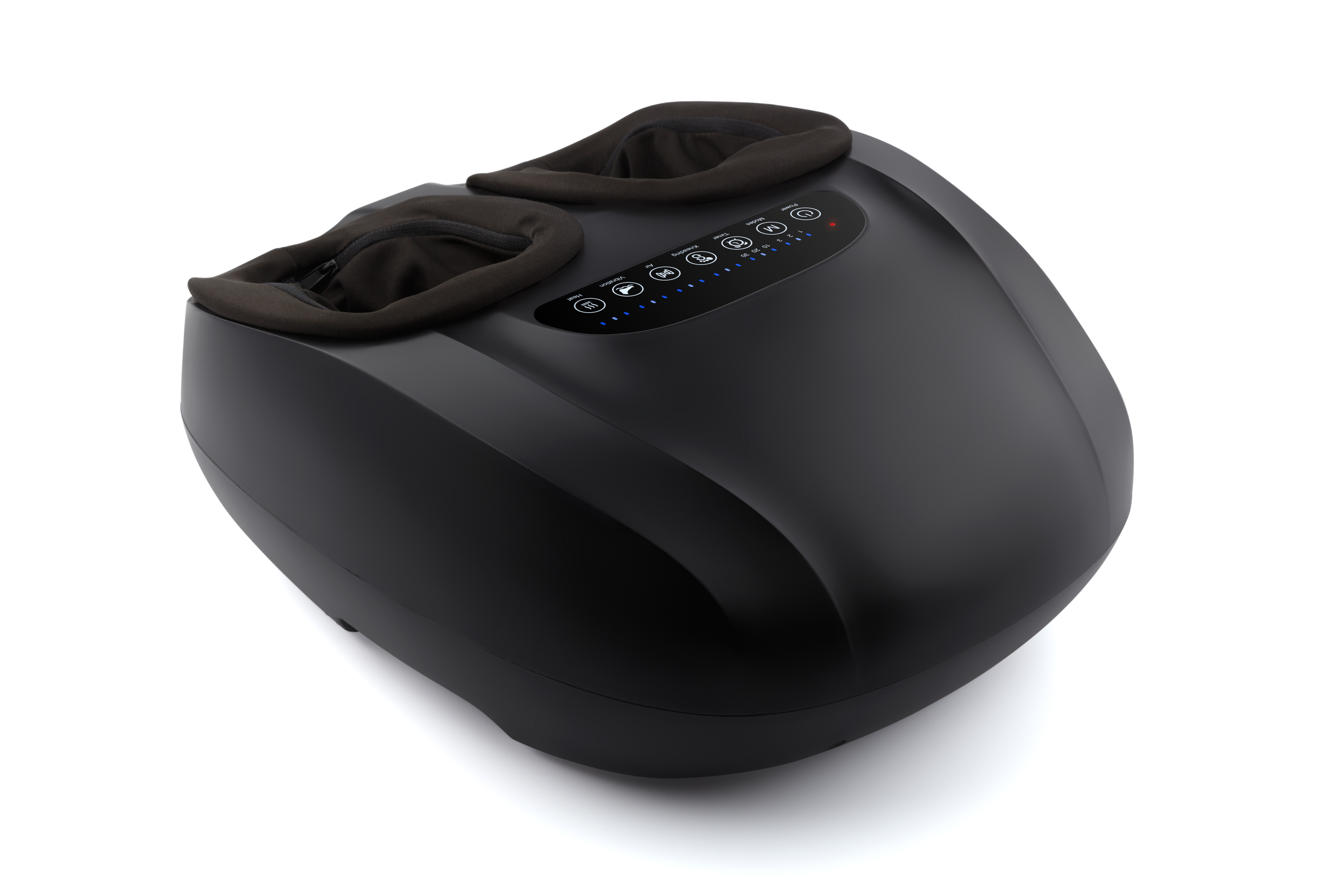 Ein schwarzes Fußmassagegerät. Hat ein Bedienfeld oben. Verfügt über ein geschwungenes Design.