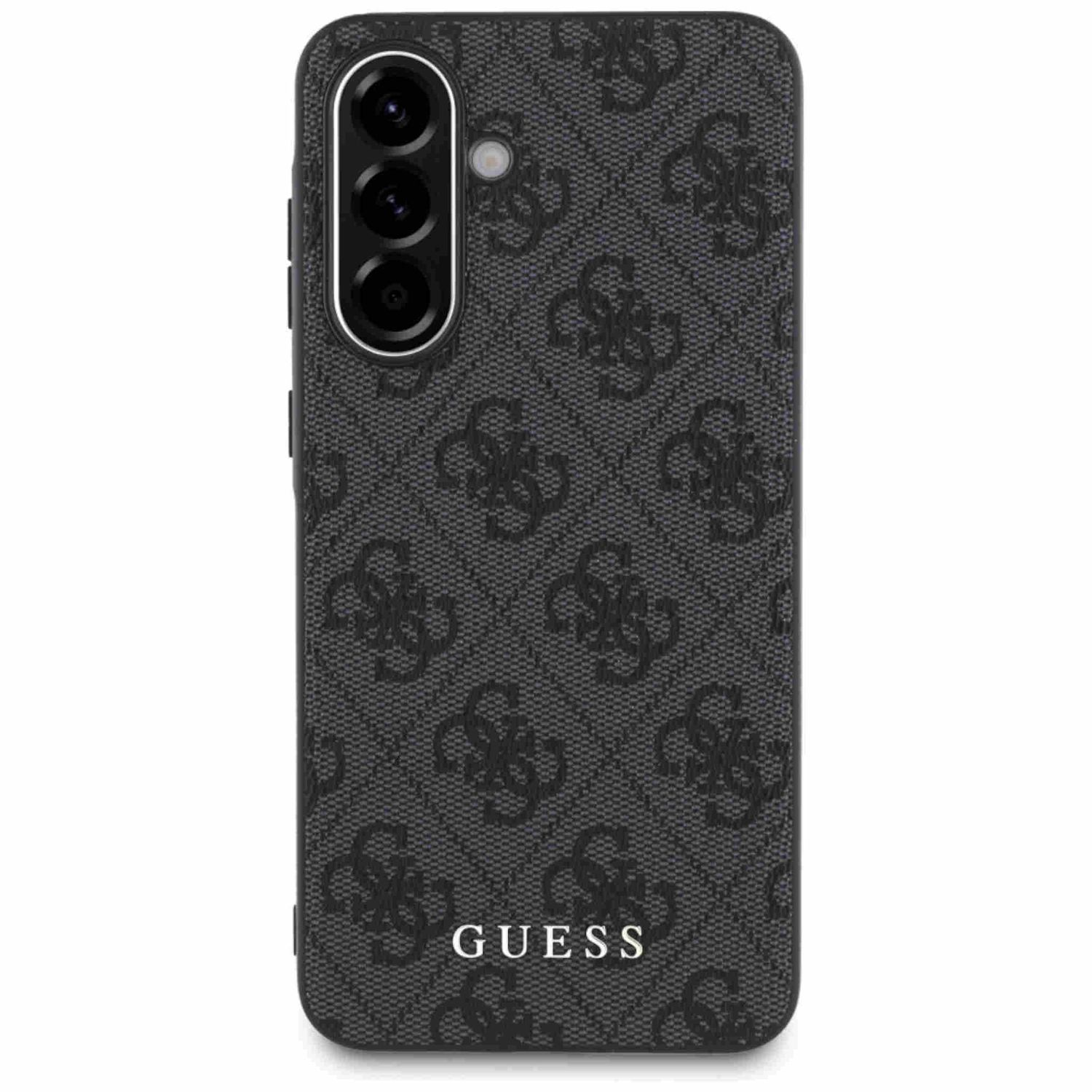 Custodia per telefono nera con un motivo ripetuto del logo GUESS. Il telefono ha più obiettivi della fotocamera.
