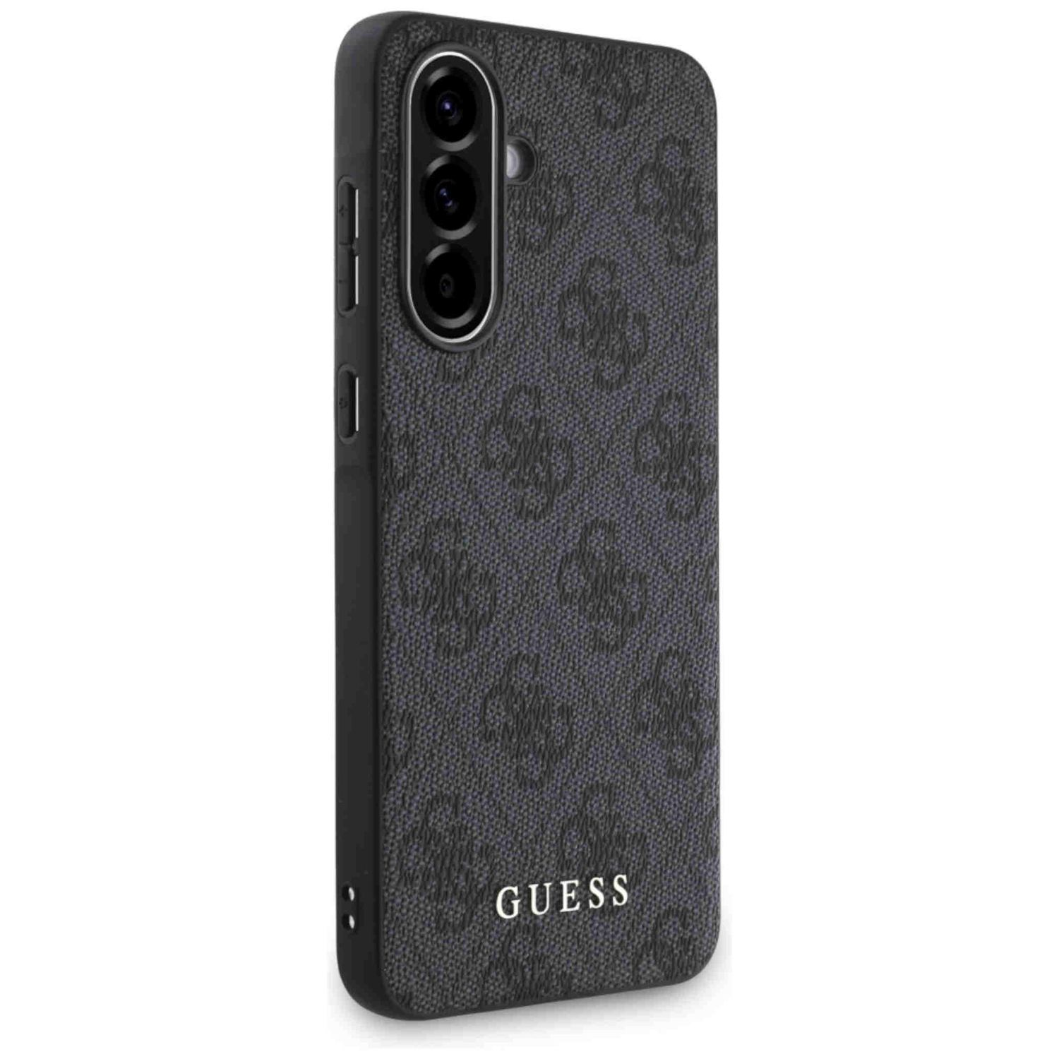Custodia per telefono Guess nera con motivo logo. La custodia ha un ritaglio per la fotocamera.