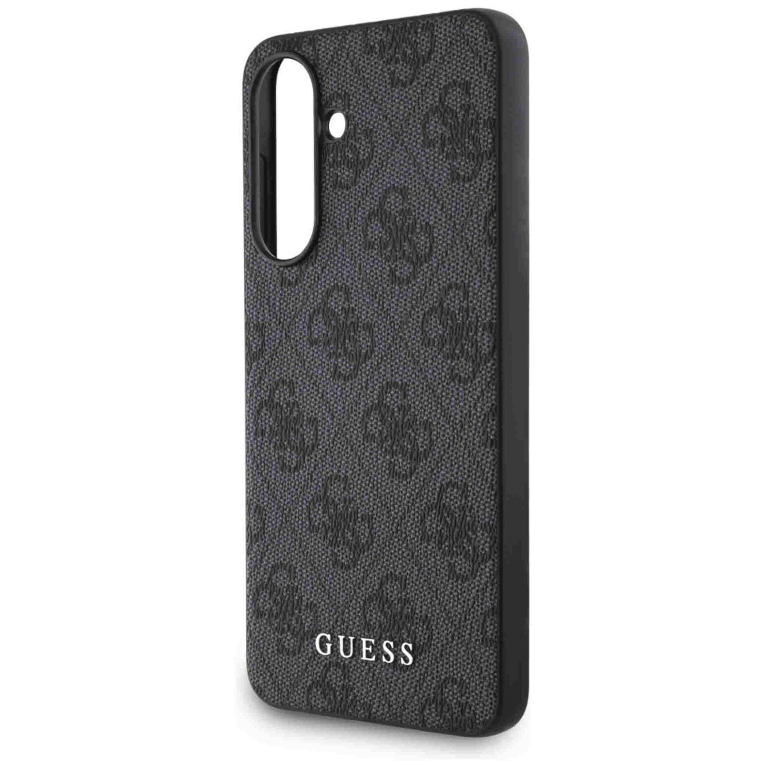 Custodia nera per telefono con motivo logo Guess. La custodia è per uno smartphone.