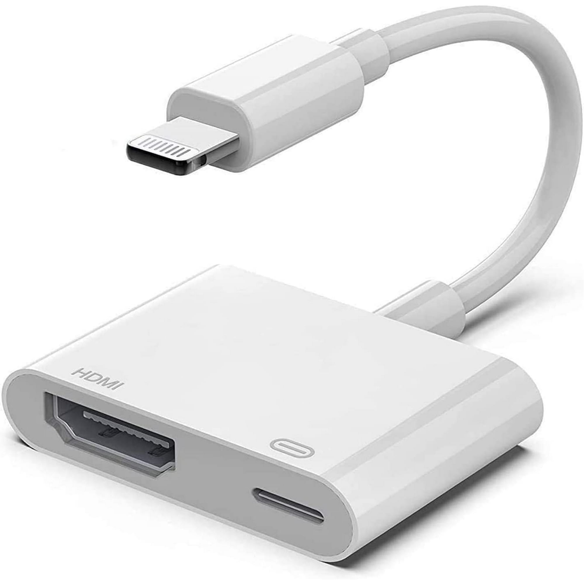 Ein weißer HDMI-Adapter mit Lightning-Anschluss und Ladeanschluss.