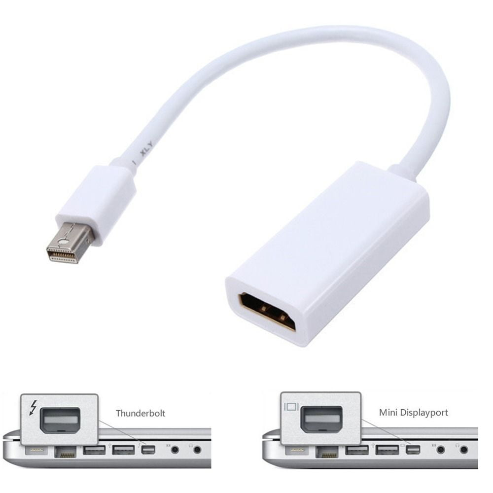 Ein weißer Adapter mit einem Thunderbolt-zu-Mini-Displayport-Kabel wird auf weißem Hintergrund gezeigt.