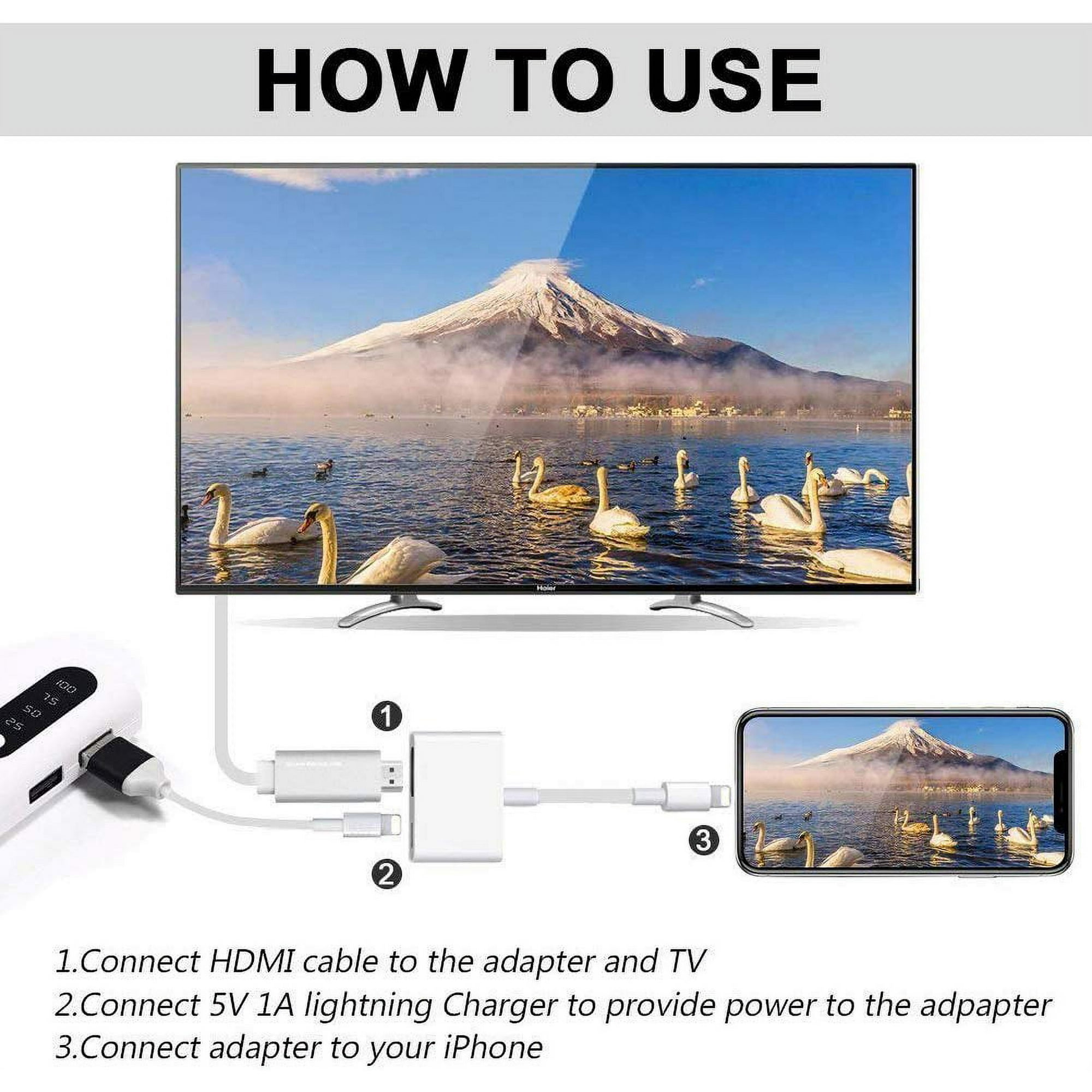 Diagramm zeigt, wie man ein Gerät an einen Fernseher anschließt. Enthält ein iPhone, Adapter und HDMI-Kabel.
