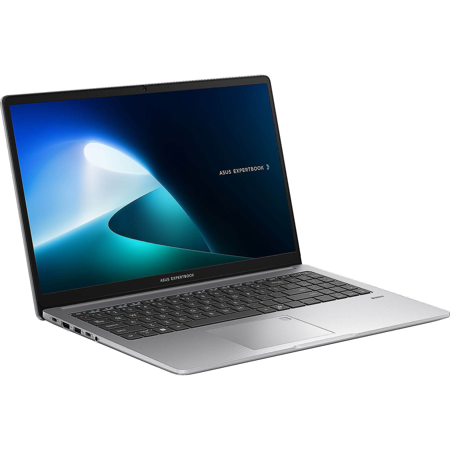 Laptop argentato con tastiera e trackpad. Schermo nero con logo ASUS EXPERTBOOK.