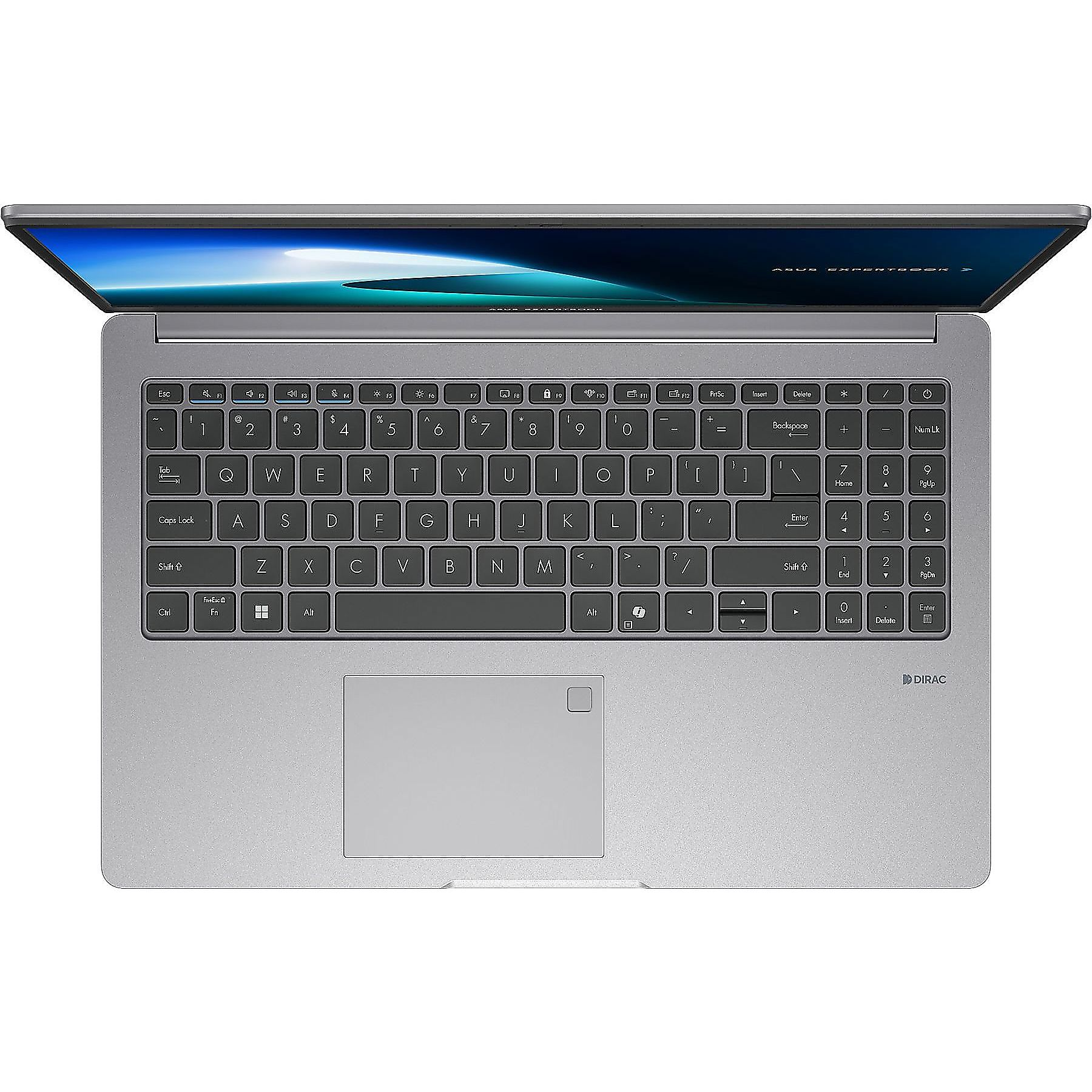 Un laptop con corpo, tastiera e trackpad grigi, visto dall'alto.
