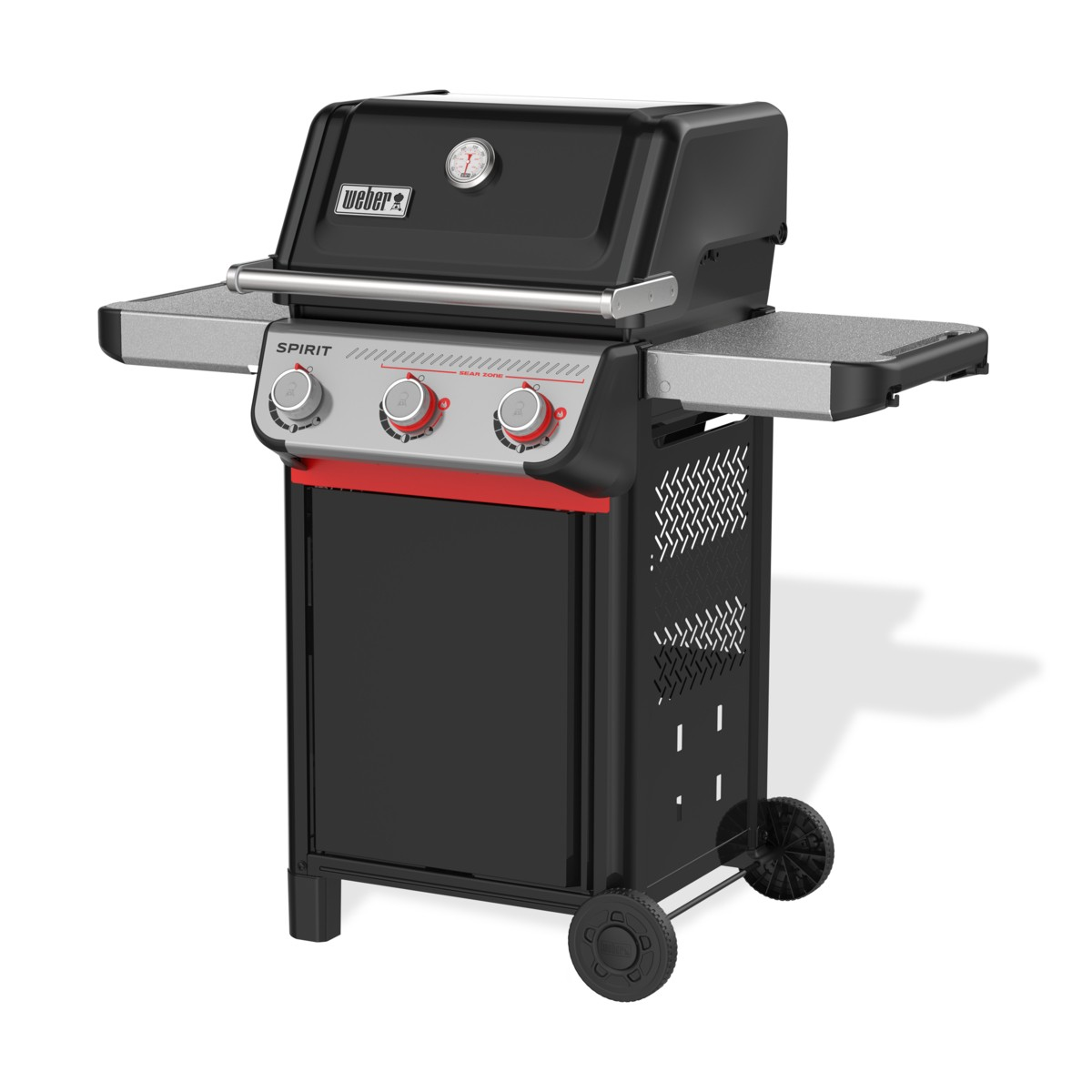 Parrilla Weber negra con detalles rojos, dos estantes laterales y un termómetro en la parte superior.