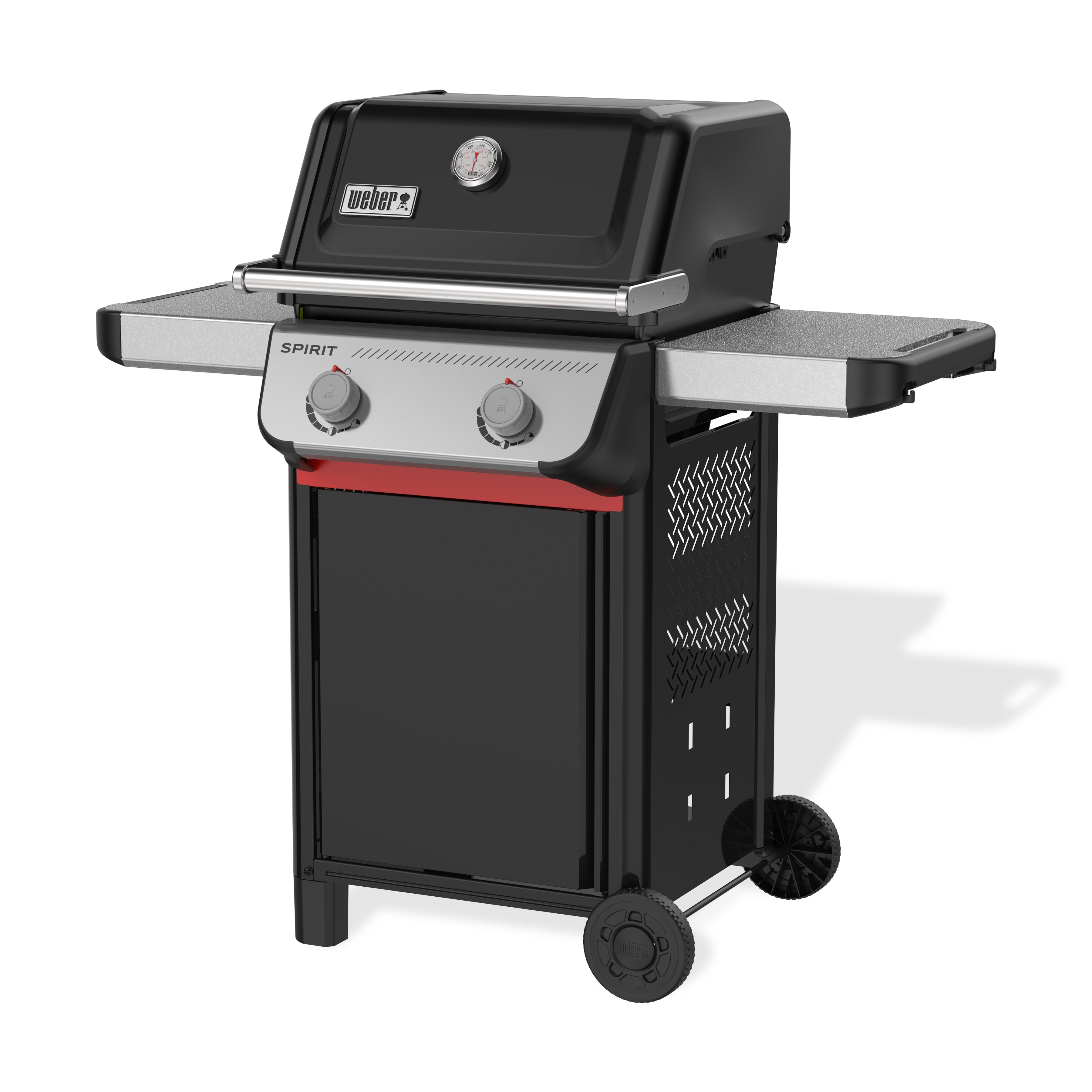 Una parrilla Weber negra y roja sobre ruedas.