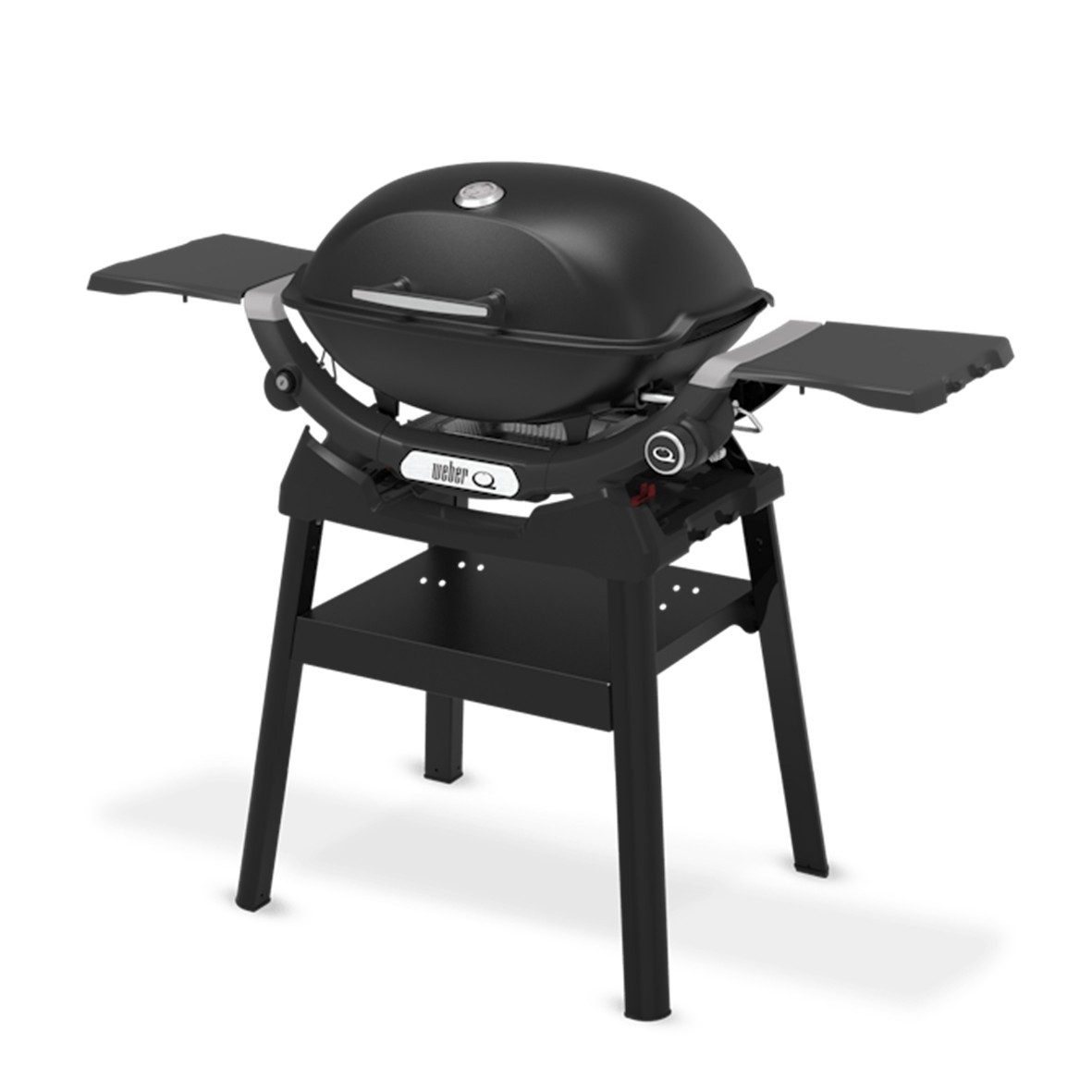 Parrilla Weber Q negra con mesas laterales abiertas, sobre un soporte negro, aislado sobre blanco.