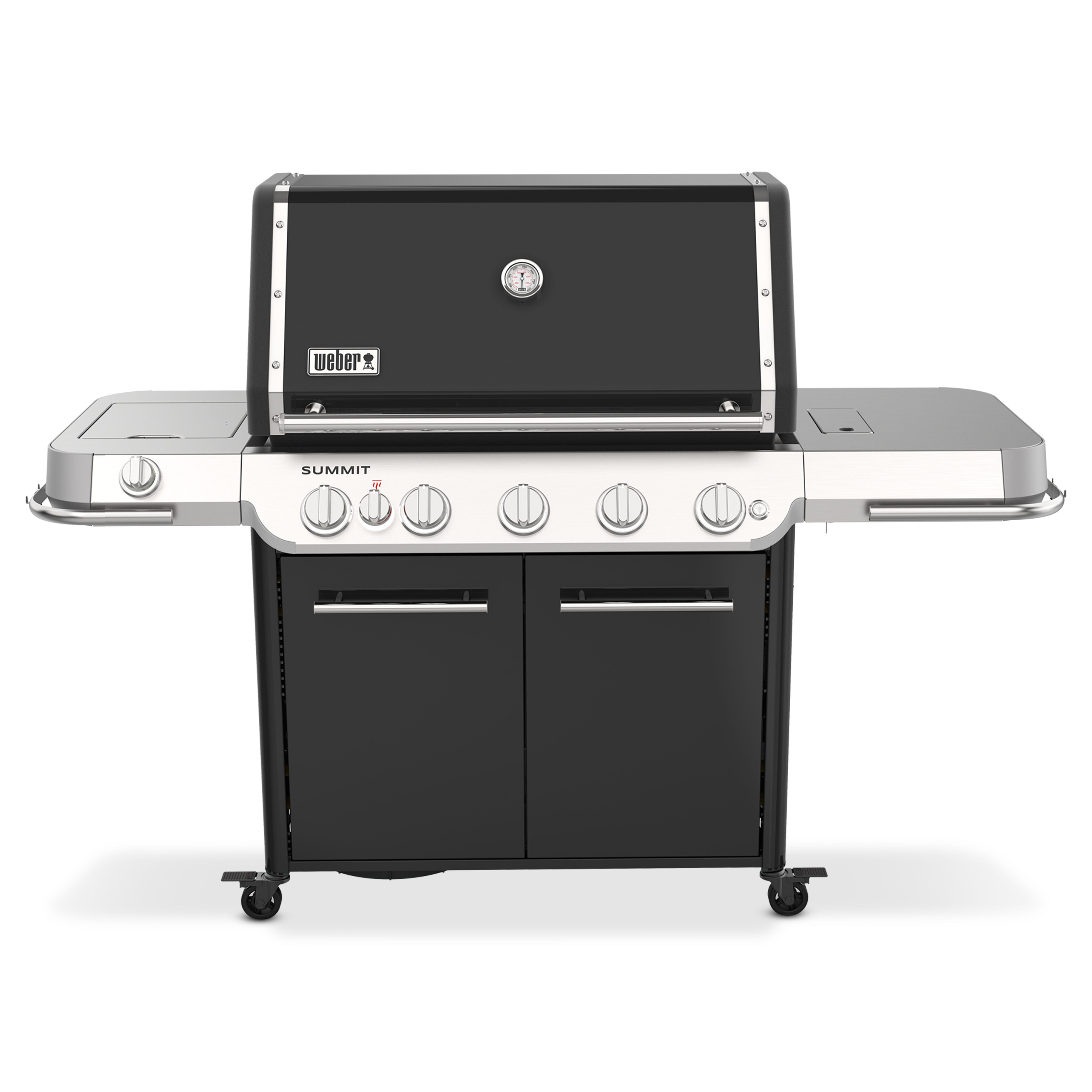 Parrilla Weber Summit negra con detalles de acero inoxidable. Cuatro quemadores y un termómetro.