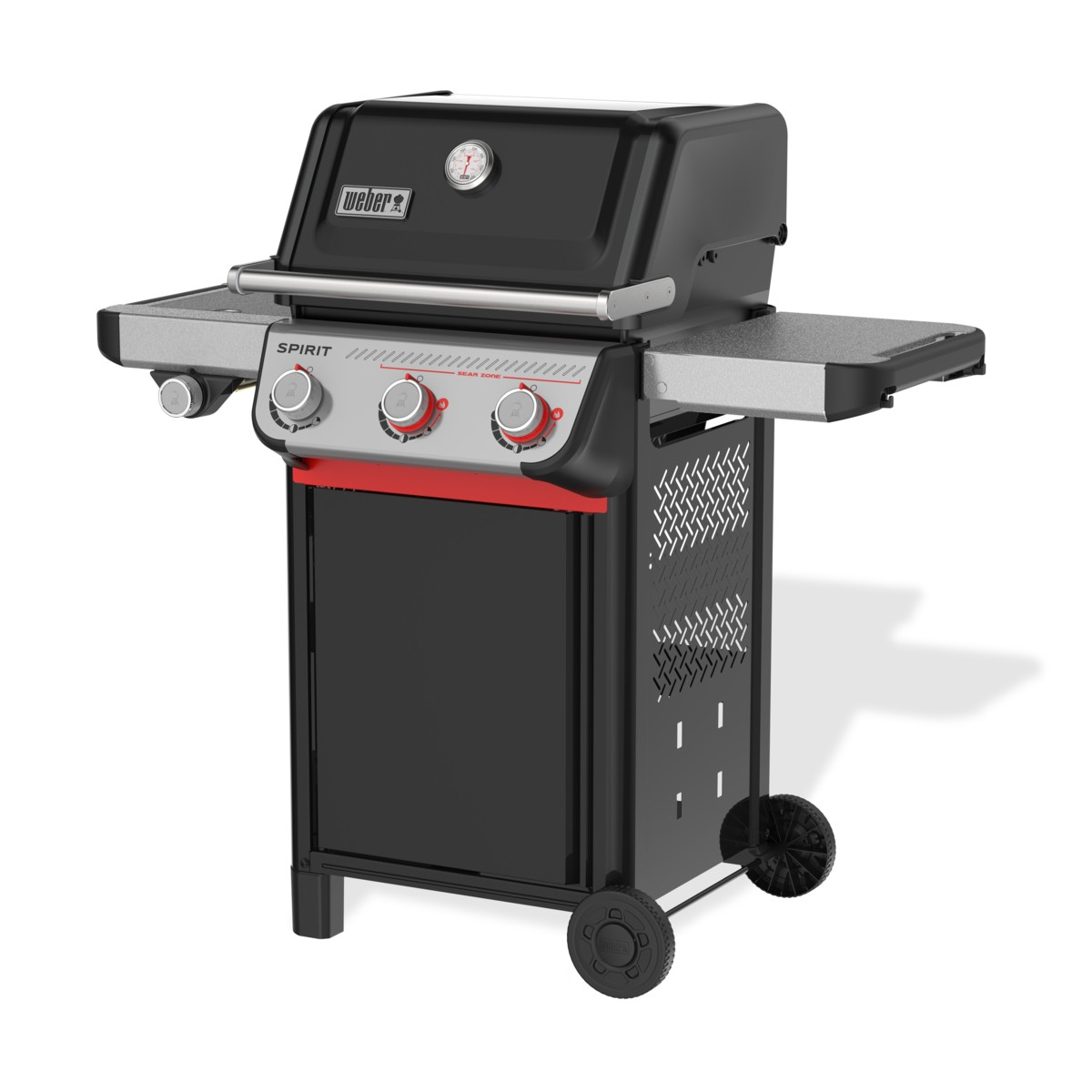 Parrilla Weber Spirit negra y roja con dos estantes laterales y ruedas.