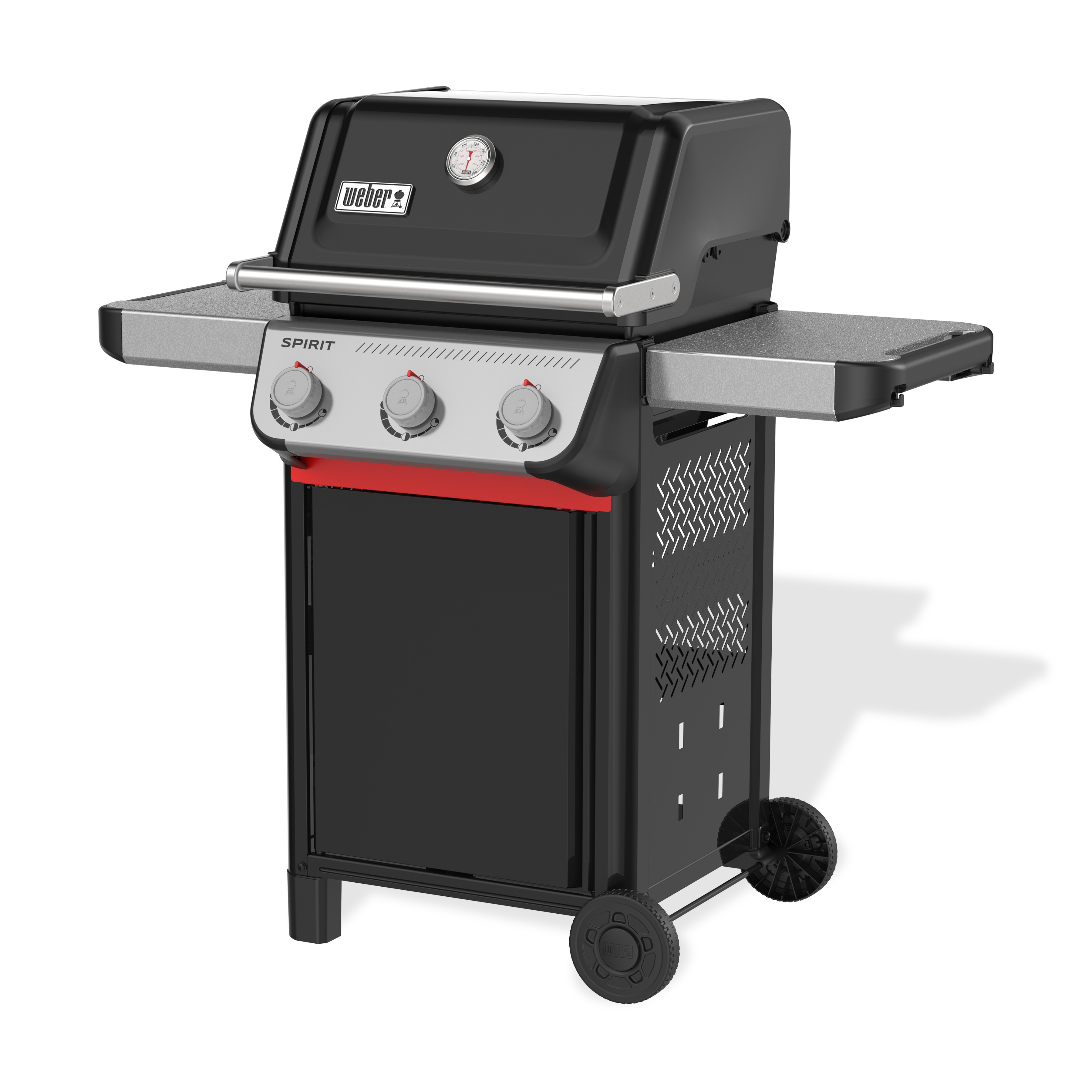 Parrilla de gas Weber Spirit negra con tapa, estantes laterales y ruedas. Acentos rojos presentes.