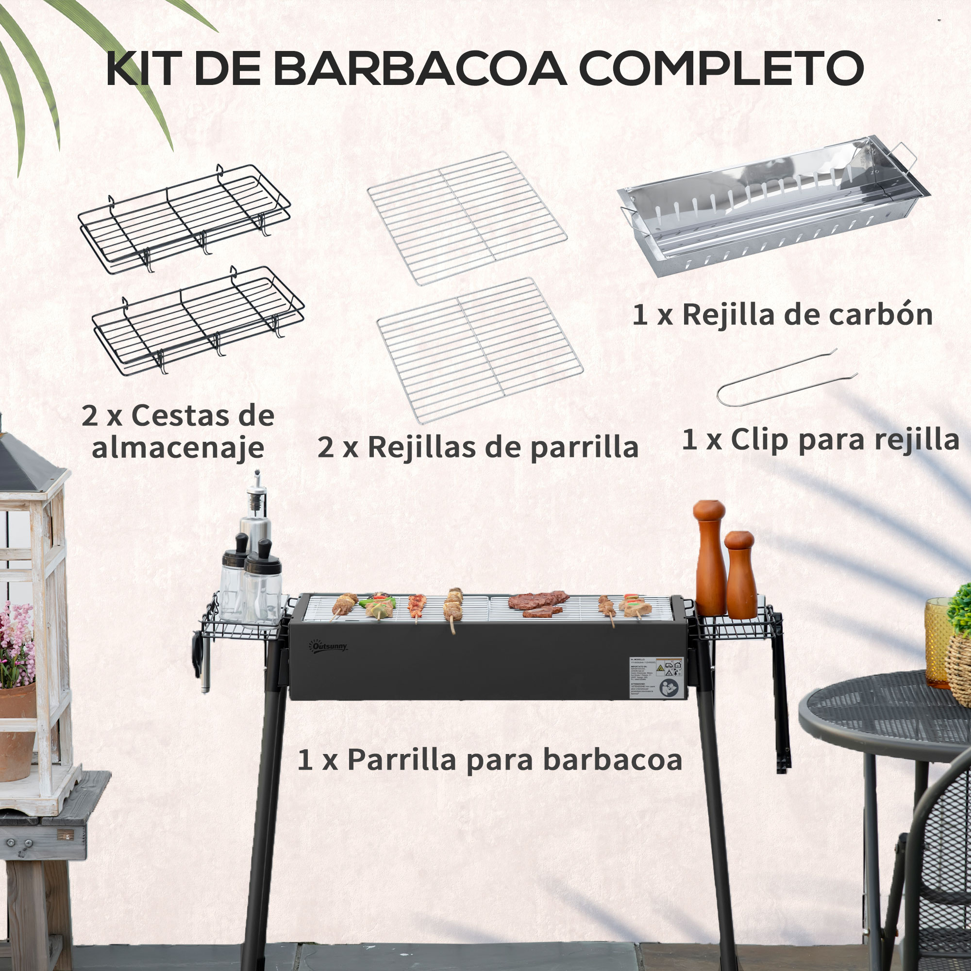 Juego de barbacoa con parrilla, rejilla para carbón, cestas de almacenamiento y otros equipos.