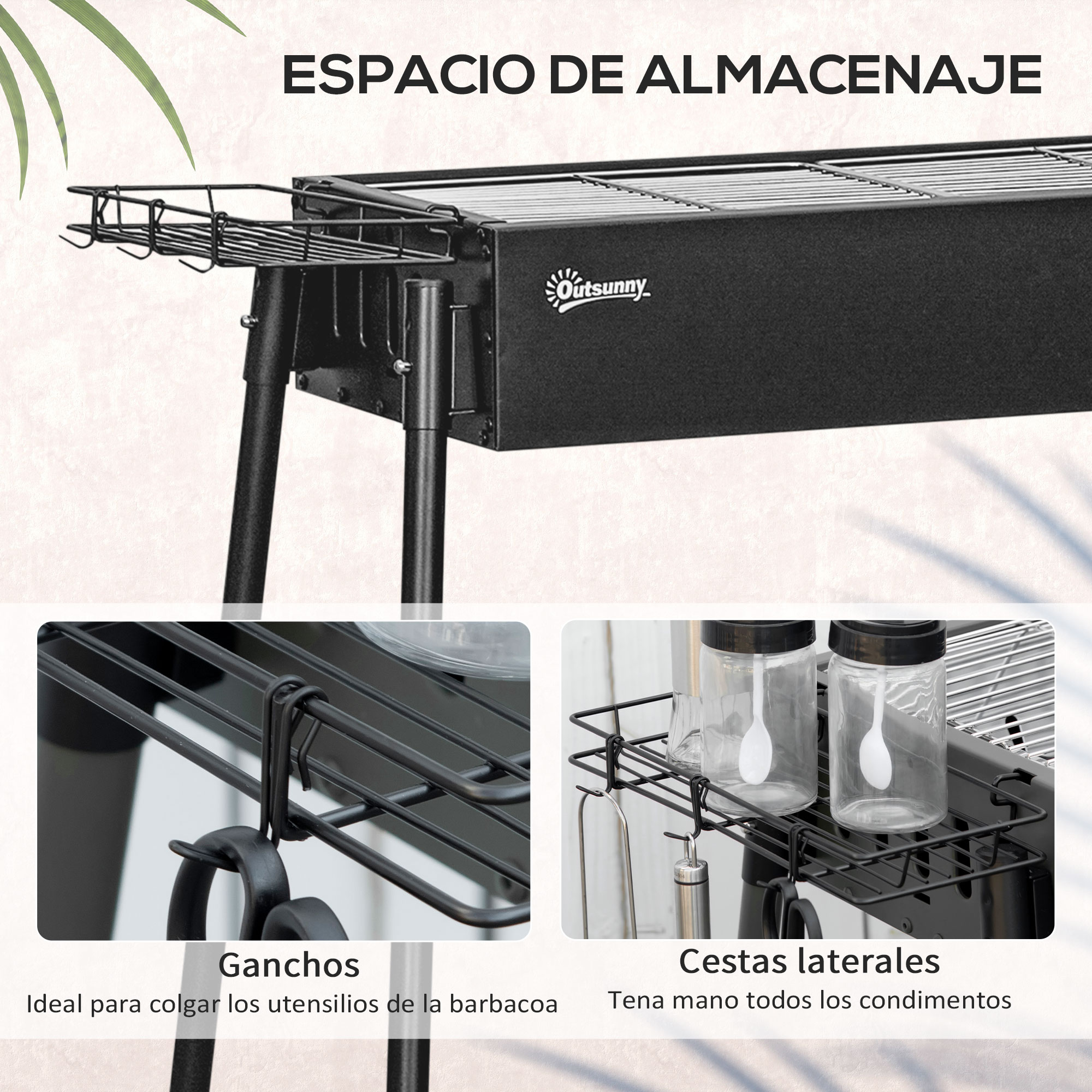 Primer plano de una barbacoa negra con dos estantes laterales con ganchos y portacondimentos, sobre una superficie de madera.