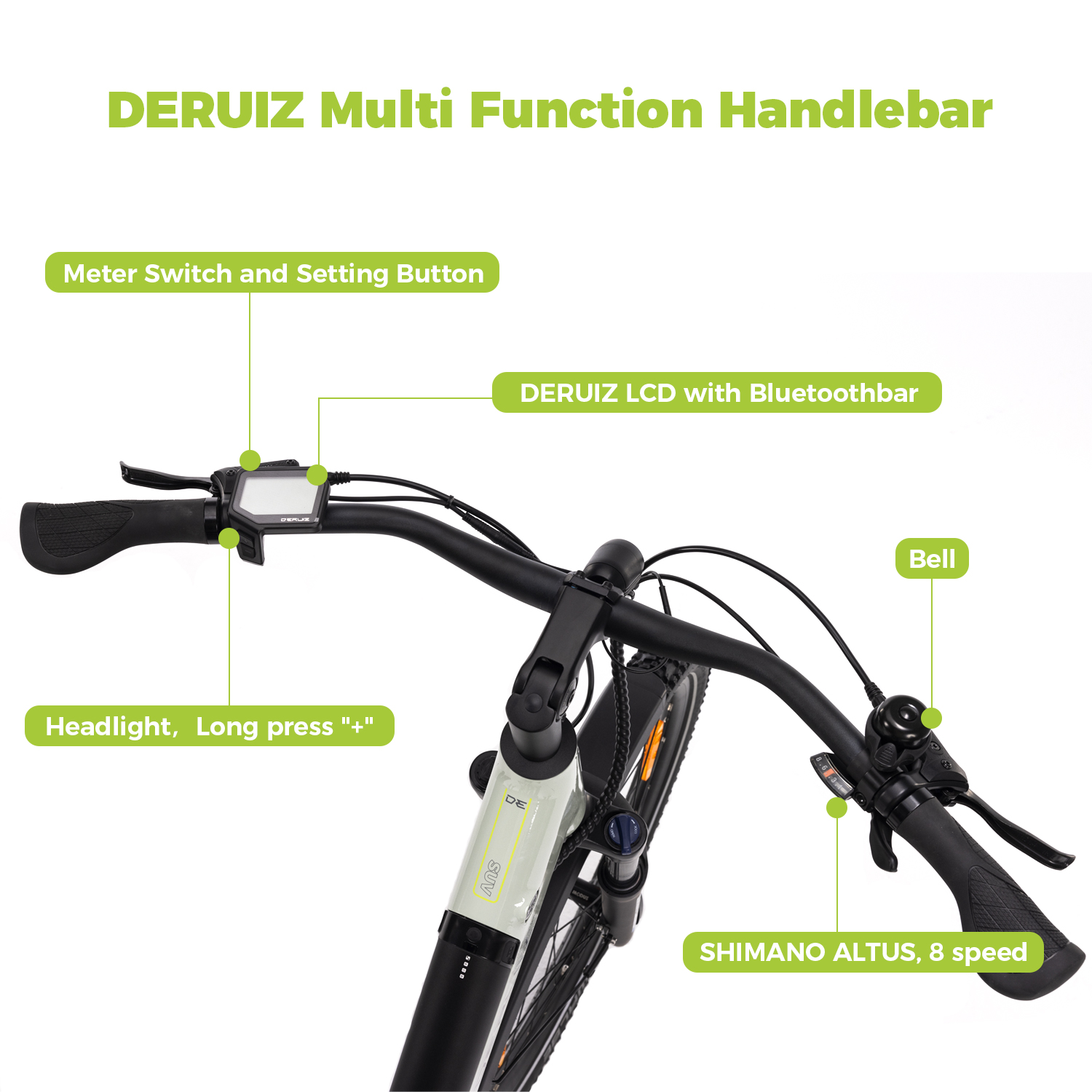 Fahrradlenker mit Beschreibungen. Enthält Messerschalter, LCD mit Bluetooth, Scheinwerfer, Klingel und Shimano Altus.