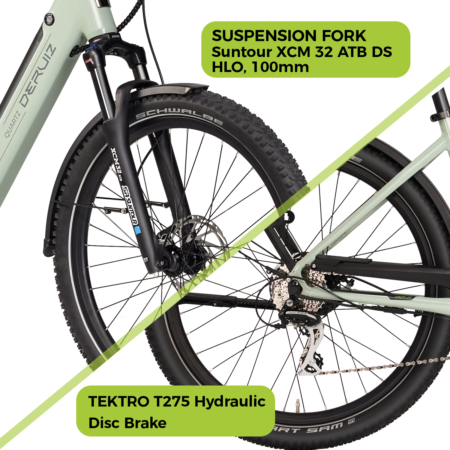 Nahaufnahme der E-Bike-Komponenten: Federgabel, Scheibenbremsen und Details des Hinterrads.