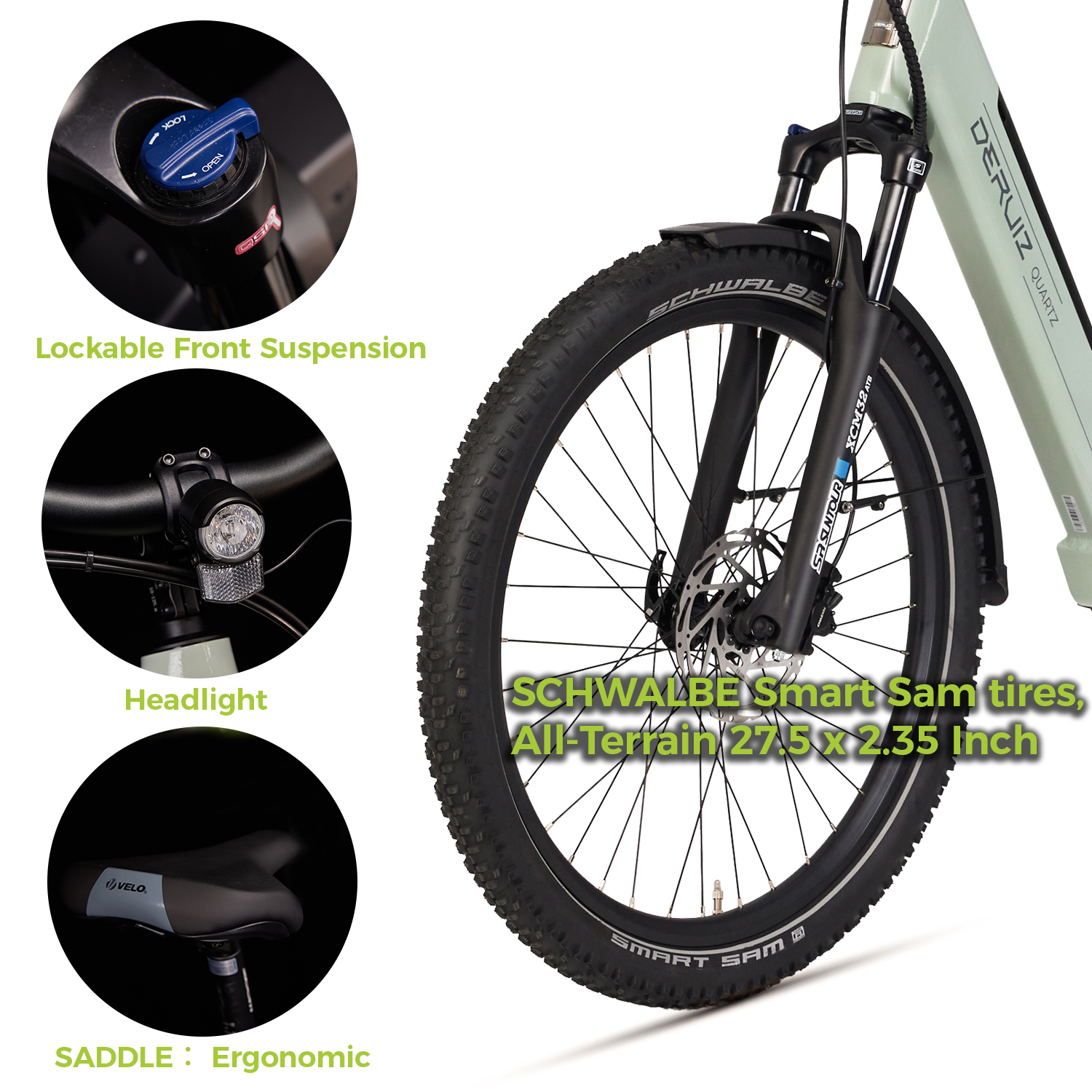 Grünes Fahrrad Detail: Vorderrad, Federung, Scheinwerfer, Sattel. Mit Reifeninfo: SCHWALBE Smart Sam 27.5x2.35.