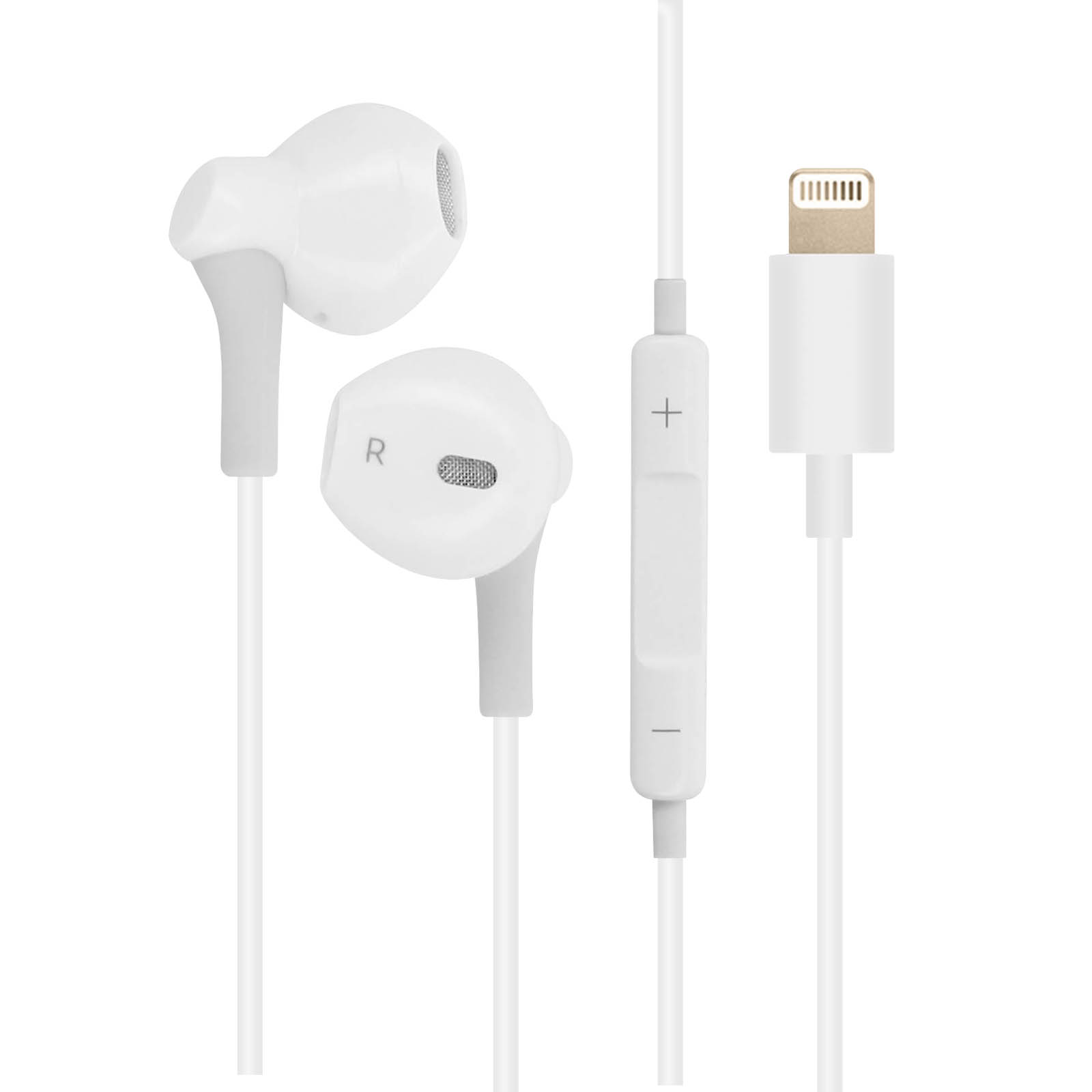 Auriculares blancos con mando. Conector Lightning para dispositivos Apple.
