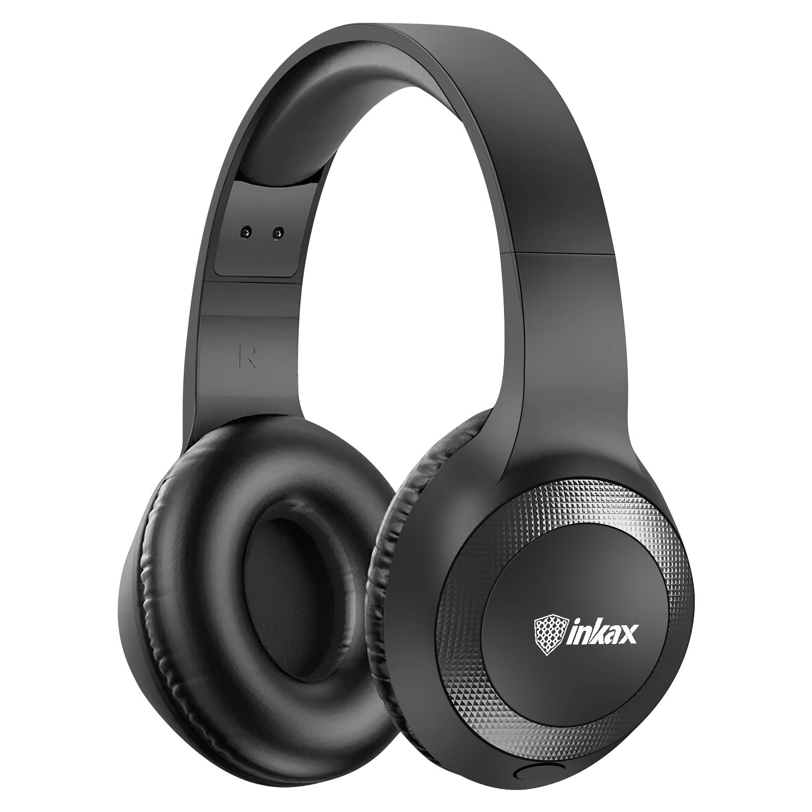 Schwarze Kopfhörer auf weißem Hintergrund. Im Hintergrund ein Inkax-Logo und ein In-Ear-Design.