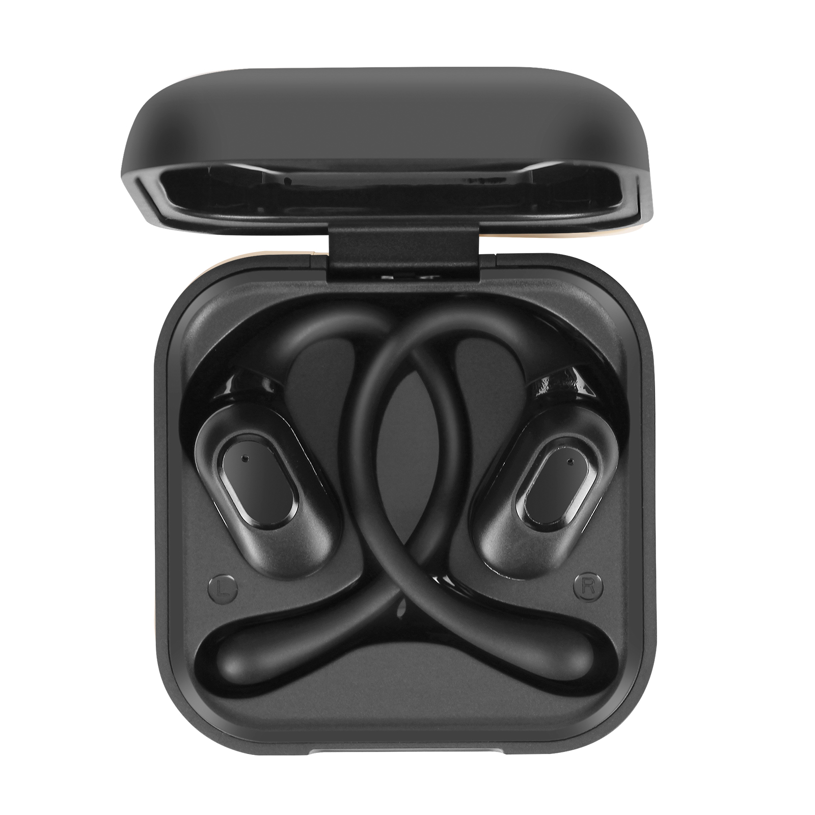 Auricolari wireless neri in una custodia di ricarica.