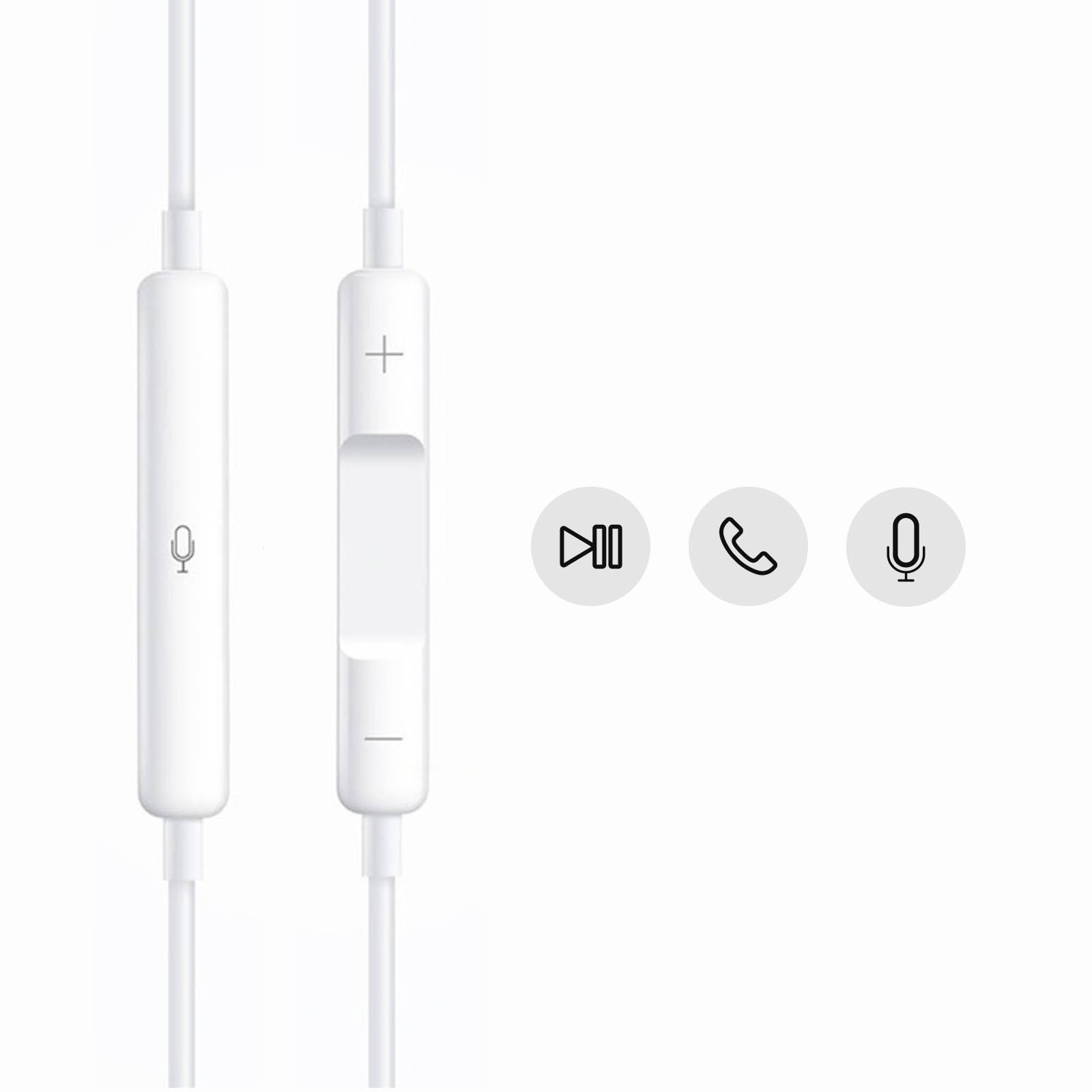 Auriculares internos blancos con un módulo de control y tres iconos. El fondo es blanco liso.