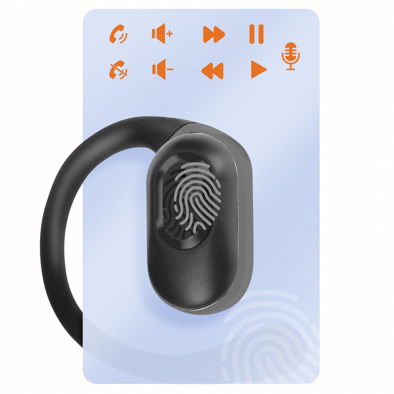 Un auricolare nero con sensore di impronte digitali. Ci sono icone di controllo attorno su uno sfondo blu.