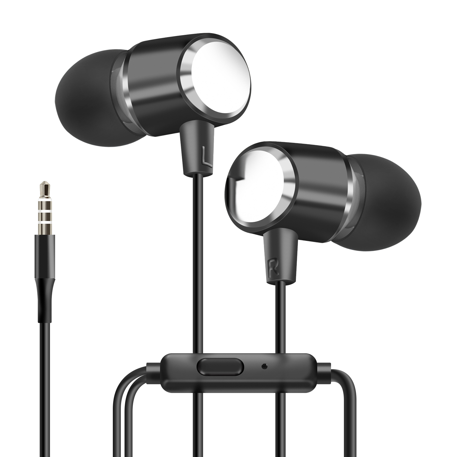 Auricolari neri e argentati. Lati sinistro e destro contrassegnati. Cavo e connettore neri.