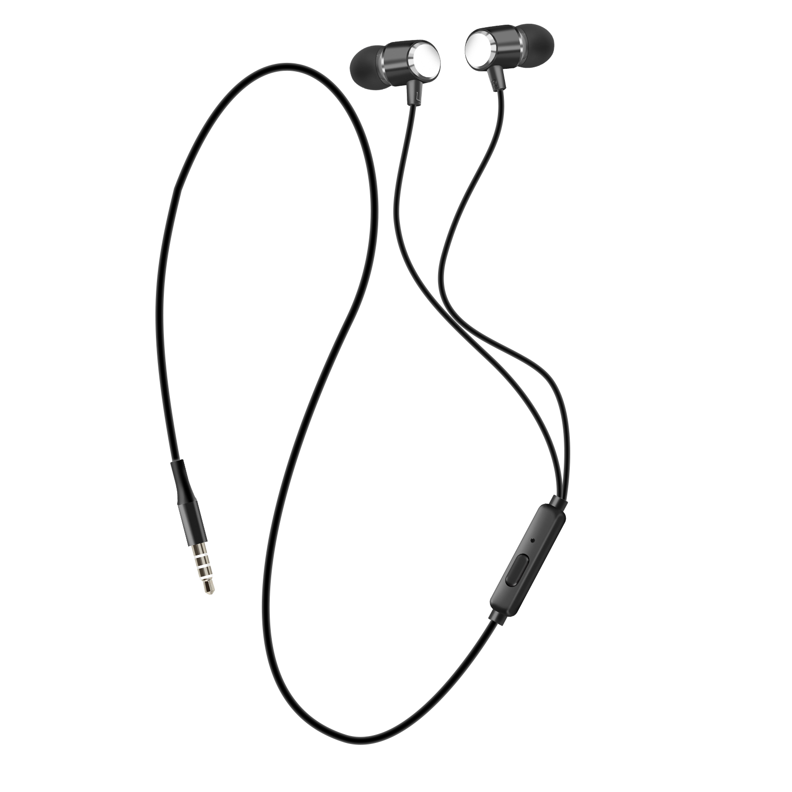 Auricolari neri con microfono e pulsante di controllo, sfondo bianco.