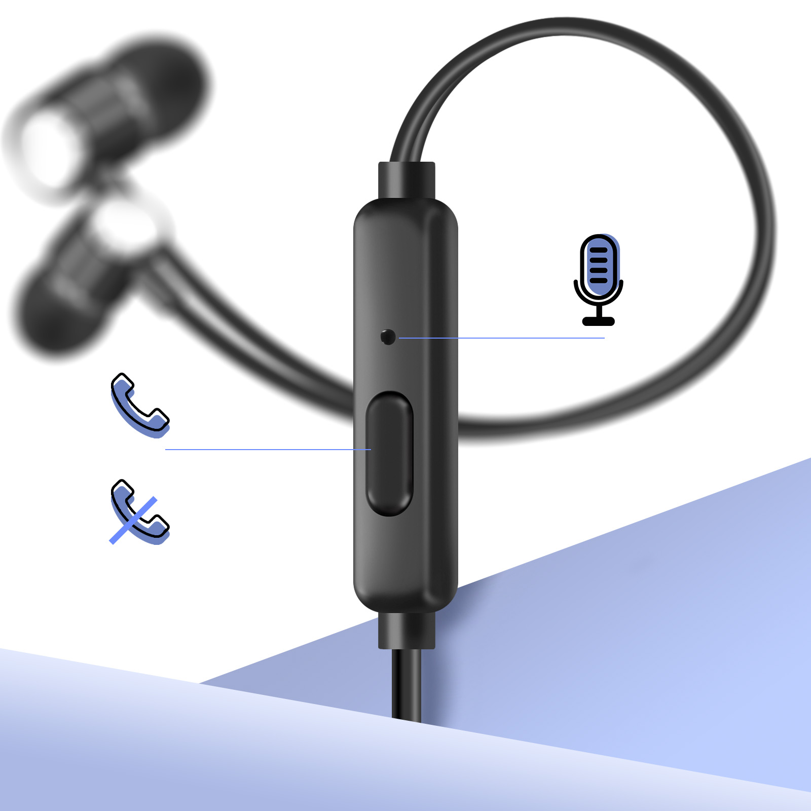 Auricolari neri con controllo e un'icona del microfono.