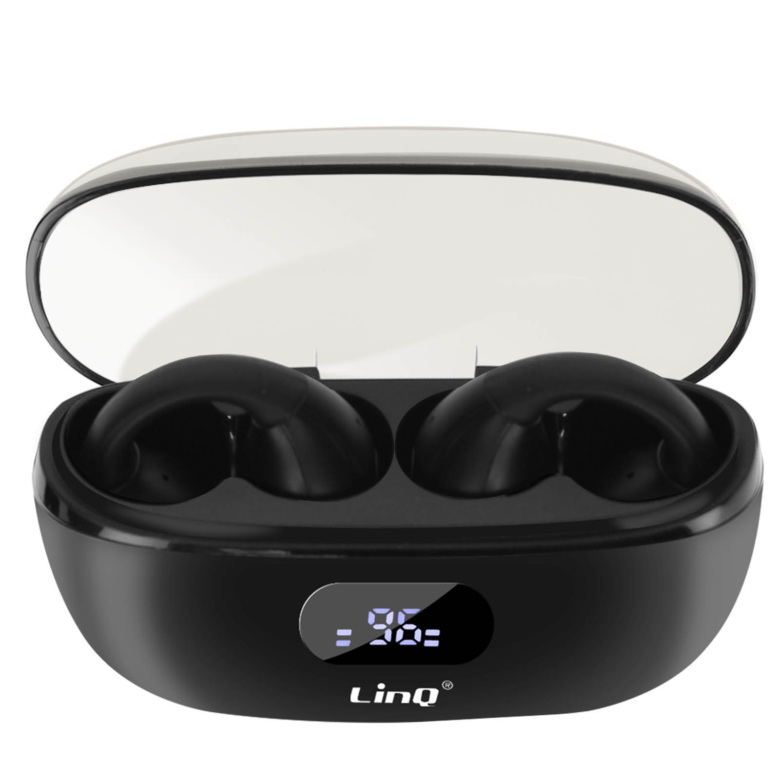 Auricolari wireless neri in una custodia di ricarica nera. Mostra il 96% di carica della batteria sulla parte anteriore.